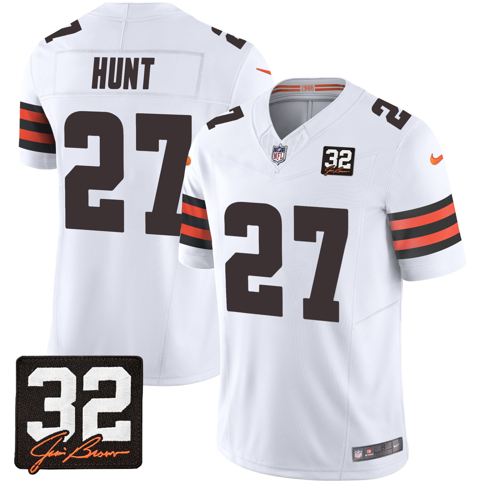Kareem Hunt Men's Cleveland Browns #32 Jim Brown Memorial Patch White Jersey - All Stitched