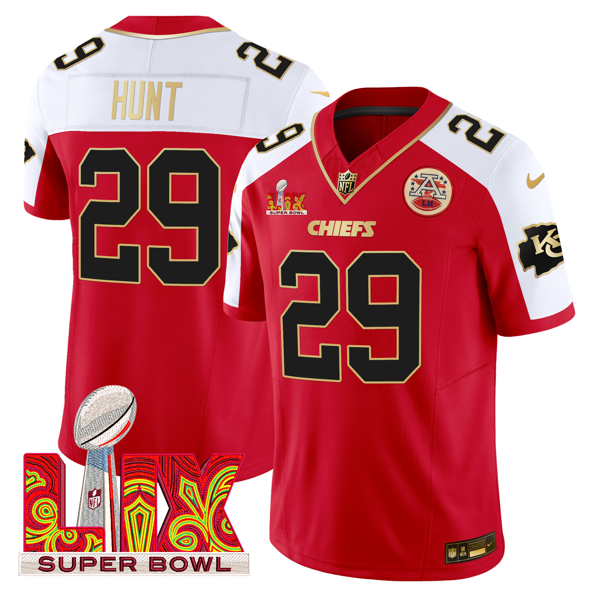 Kareem Hunt Men's Kansas City Chiefs Super Bowl LIX Patch Gold Trim Vapor Limited Red Alternate Jersey - All Stitched