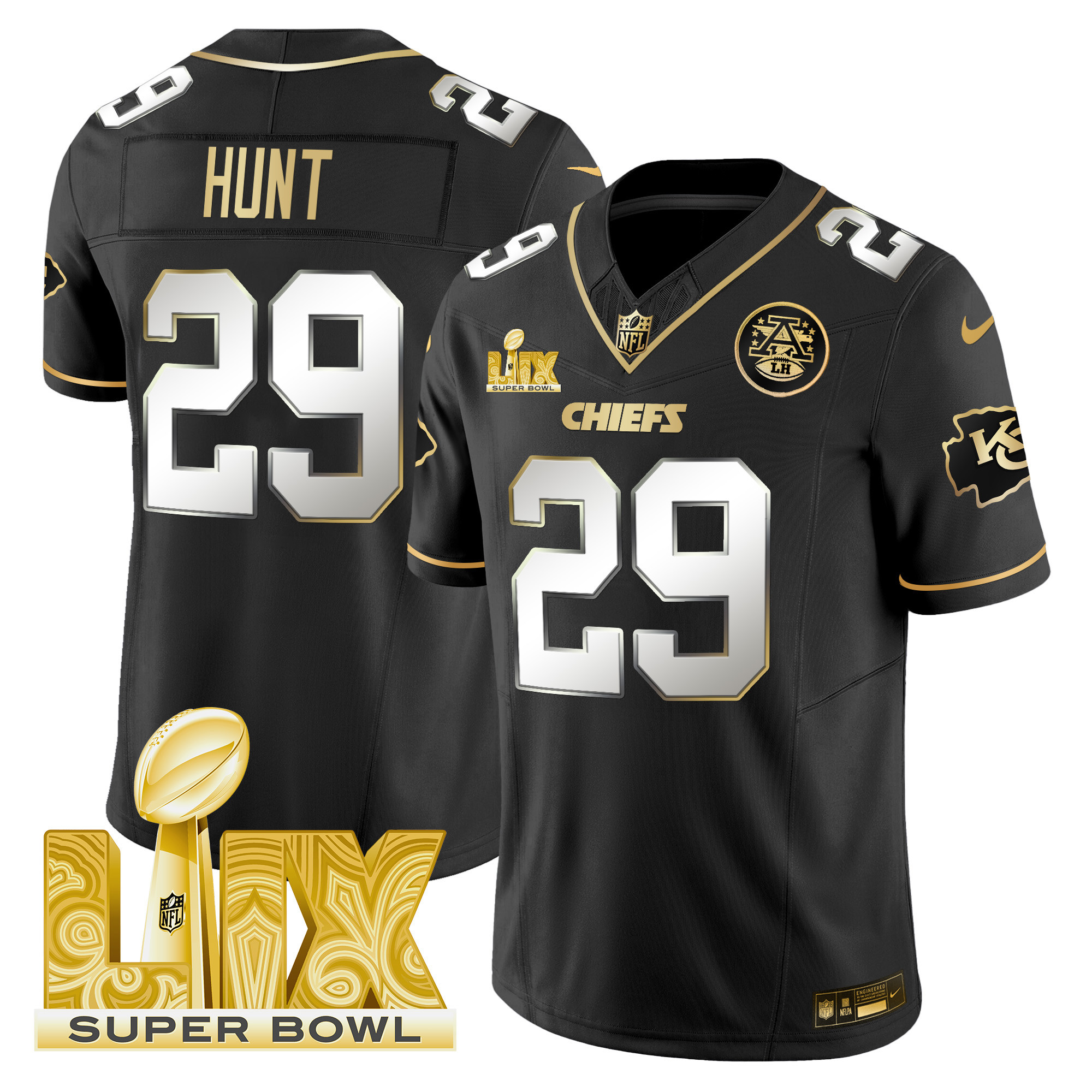 Kareem Hunt Men's Kansas City Chiefs Super Bowl LIX Patch Gold Vapor Limited Black Limited Jersey - All Stitched