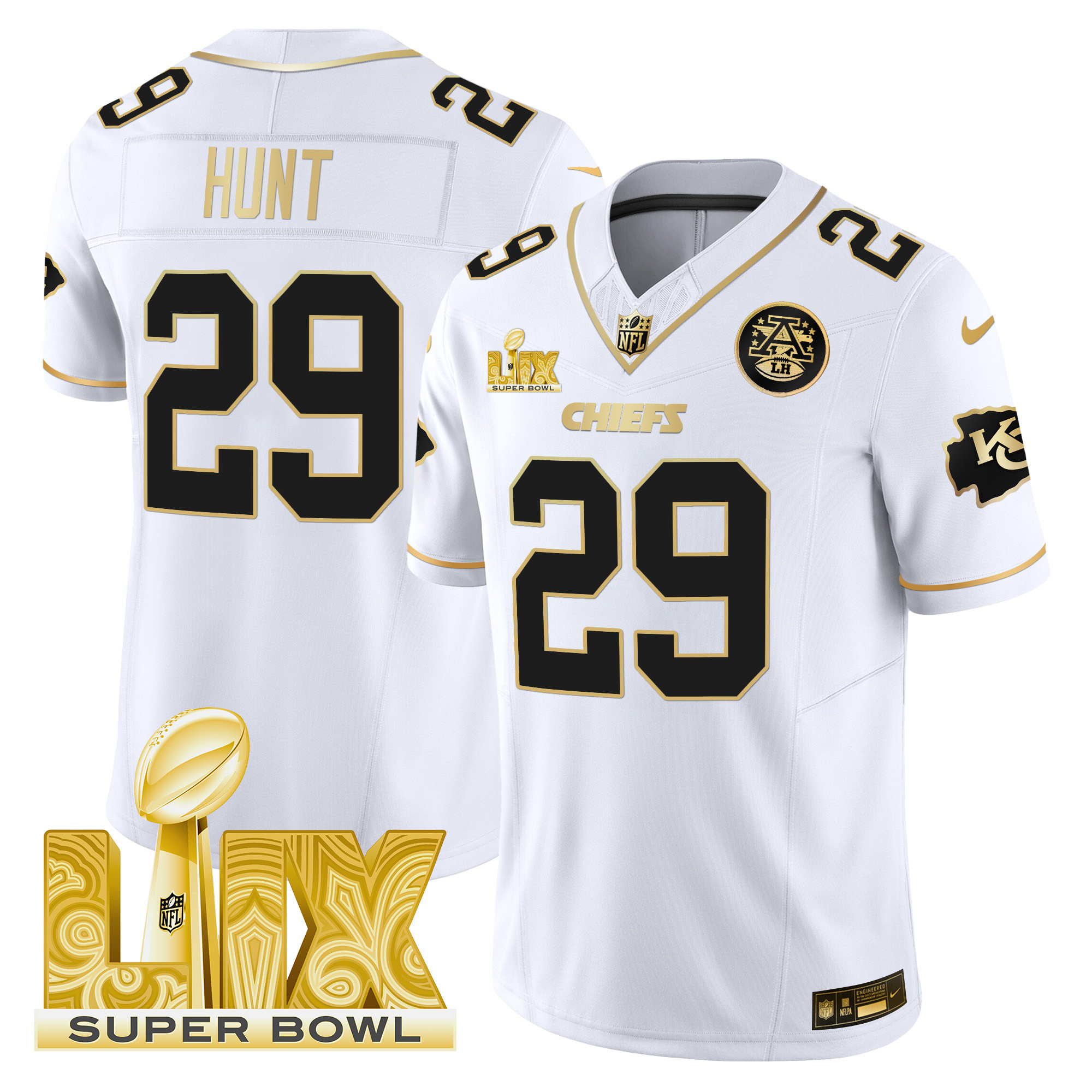 Kareem Hunt Men's Kansas City Chiefs Super Bowl LIX Patch Gold Vapor Limited White Gold Jersey - All Stitched