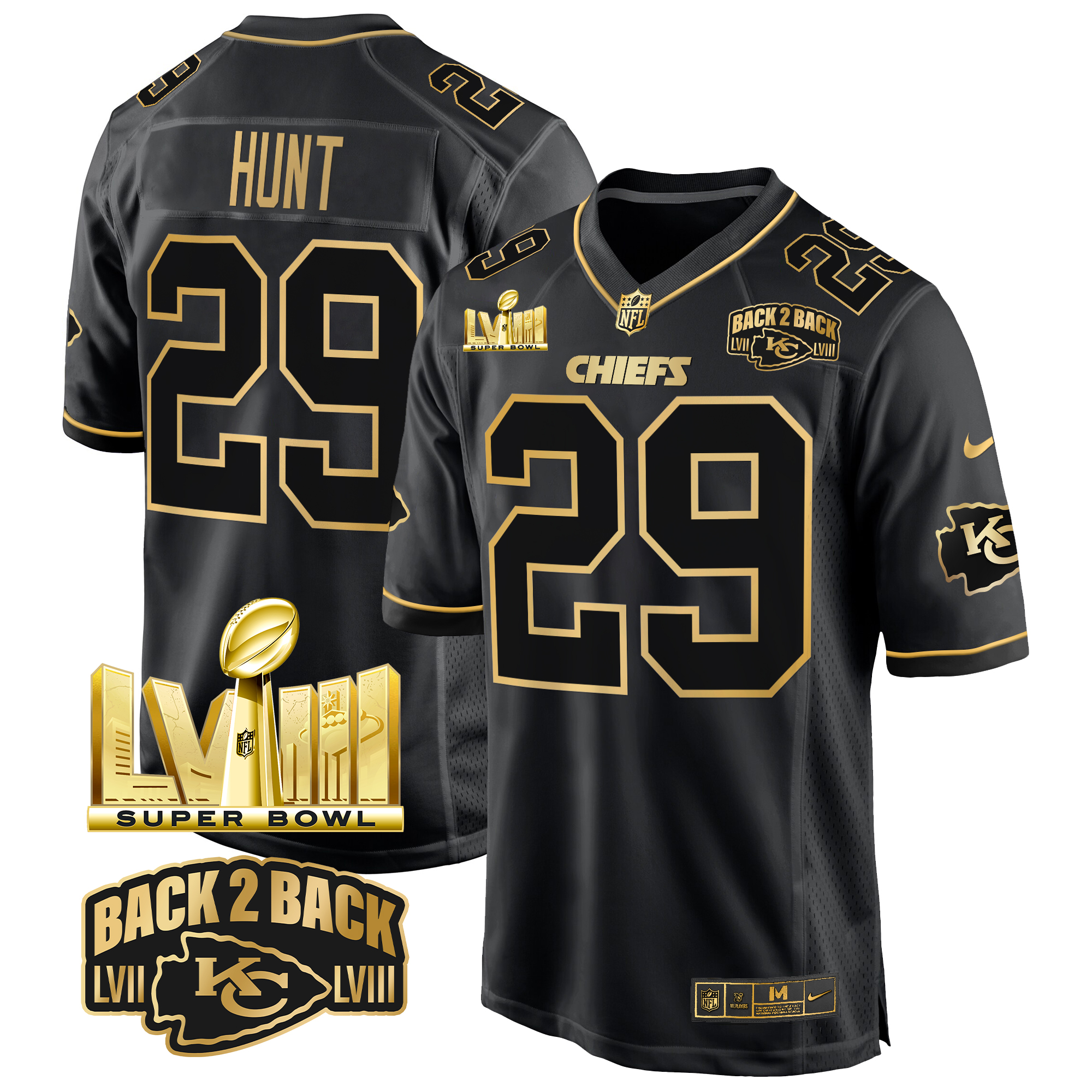 Kareem Hunt Men's Kansas City Chiefs Super Bowl LVIII & Back 2 Back Gold Game Black Gold Jersey - All Stitched