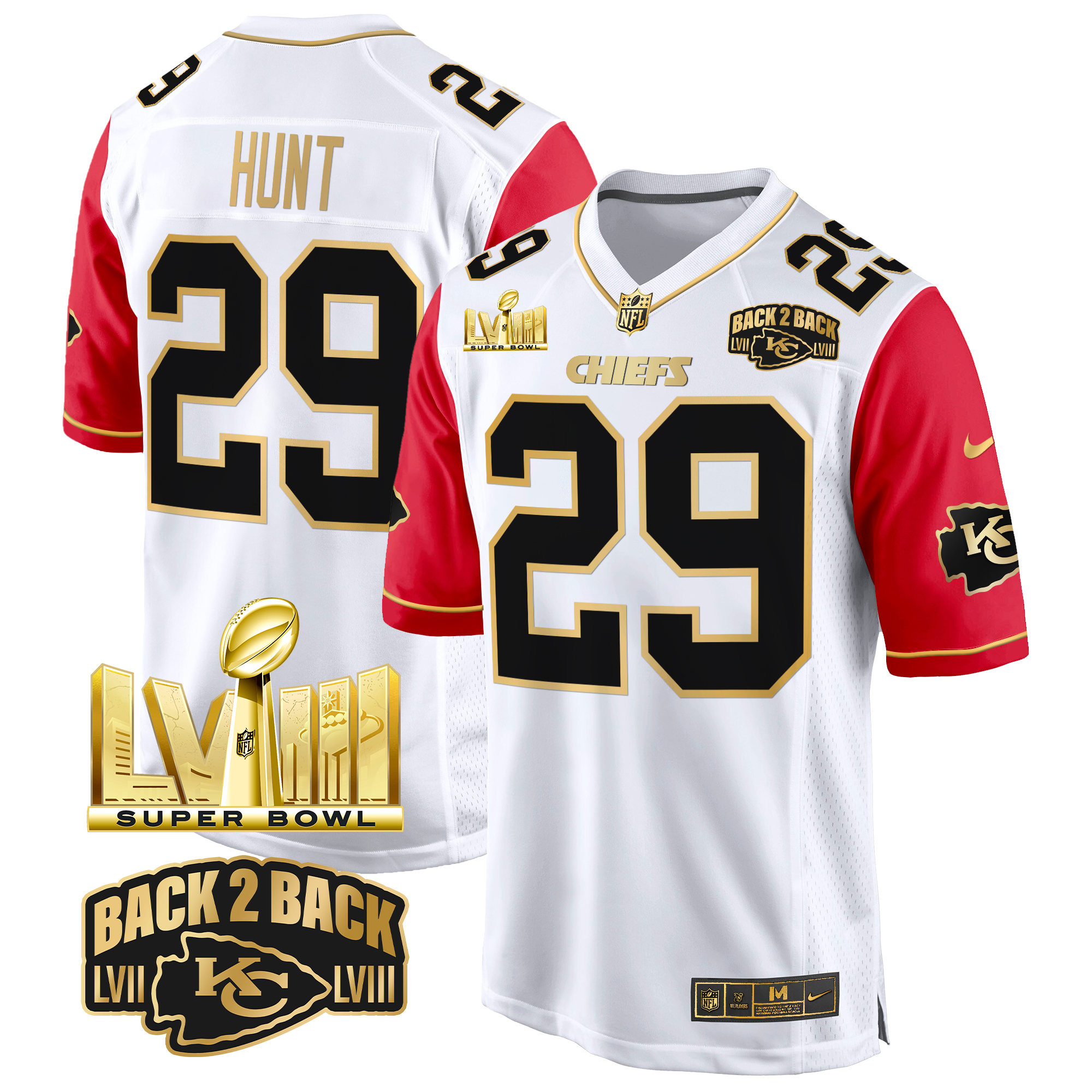 Kareem Hunt Men's Kansas City Chiefs Super Bowl LVIII & Back 2 Back Gold Game Color Sleeves Jersey - All Stitched