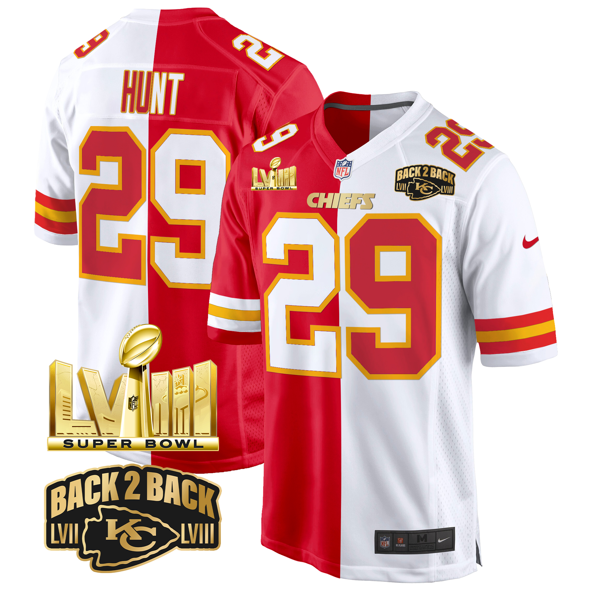 Kareem Hunt Men's Kansas City Chiefs Super Bowl LVIII & Back 2 Back Gold Game Split Jersey - All Stitched