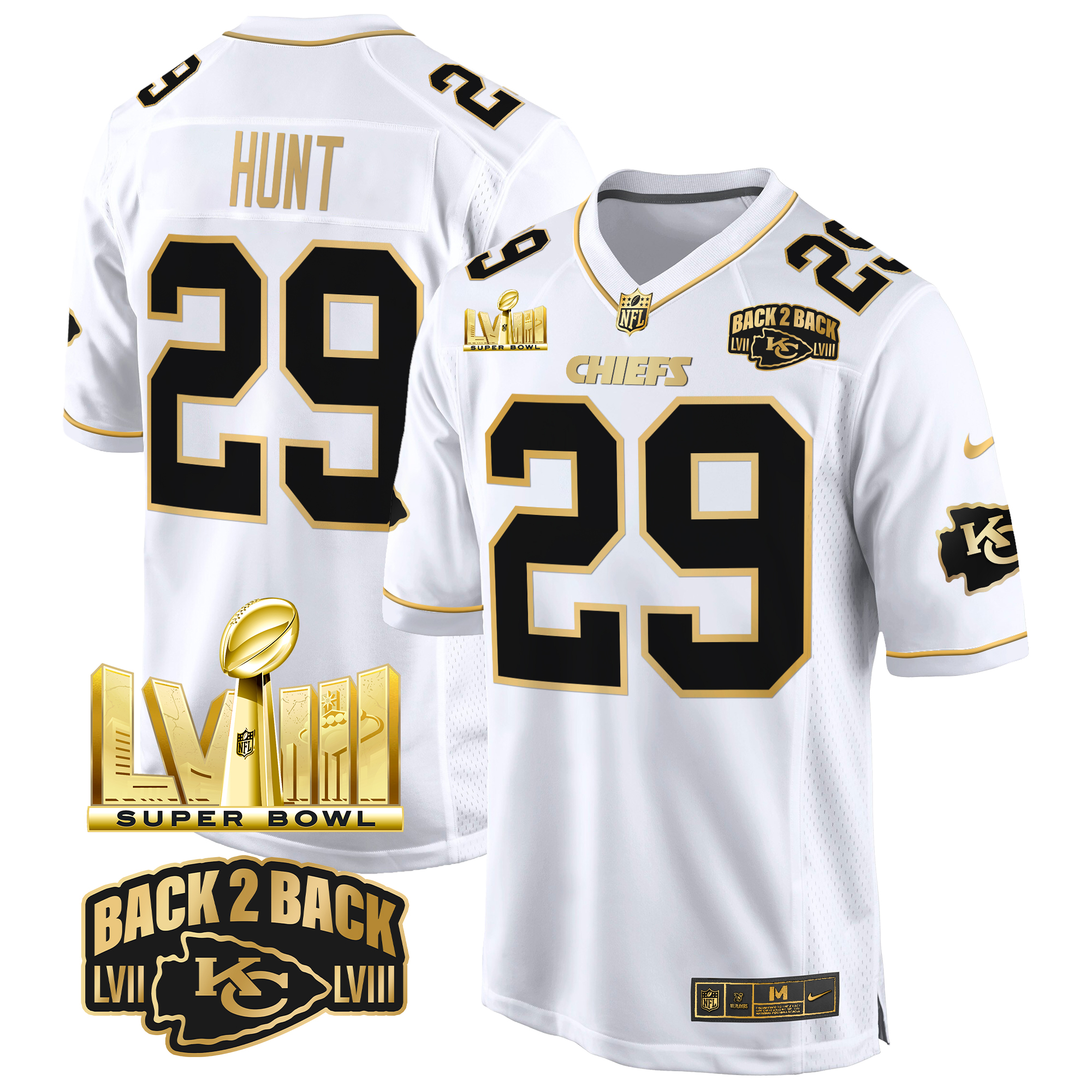 Kareem Hunt Men's Kansas City Chiefs Super Bowl LVIII & Back 2 Back Gold Game White Gold Jersey - All Stitched