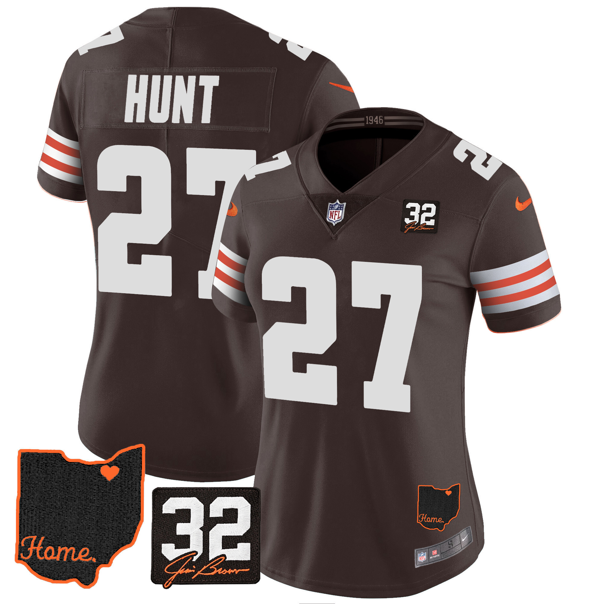 Kareem Hunt Women's Cleveland Browns #32 Jim Brown Memorial & Home Patch Brown Jersey - All Stitched
