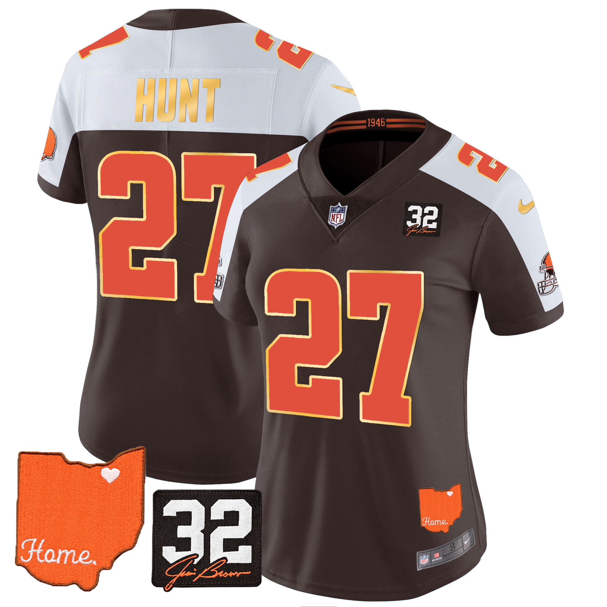 Kareem Hunt Women's Cleveland Browns #32 Jim Brown Memorial & Home Patch Gold Trim Alternate Jersey - All Stitched