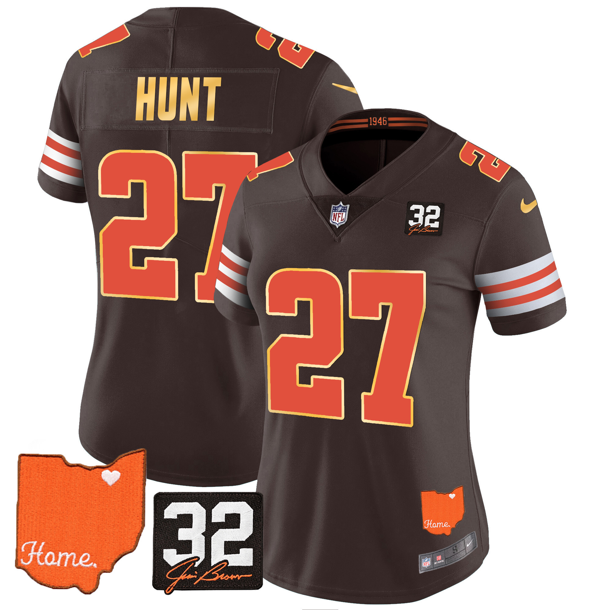 Kareem Hunt Women's Cleveland Browns #32 Jim Brown Memorial & Home Patch Gold Trim Brown Jersey - All Stitched