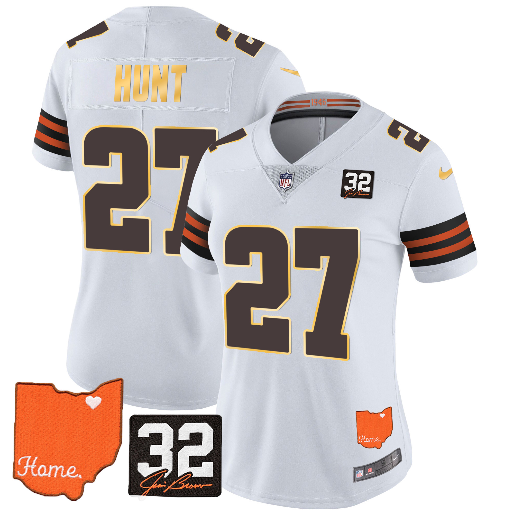 Kareem Hunt Women's Cleveland Browns #32 Jim Brown Memorial & Home Patch Gold Trim White Jersey - All Stitched