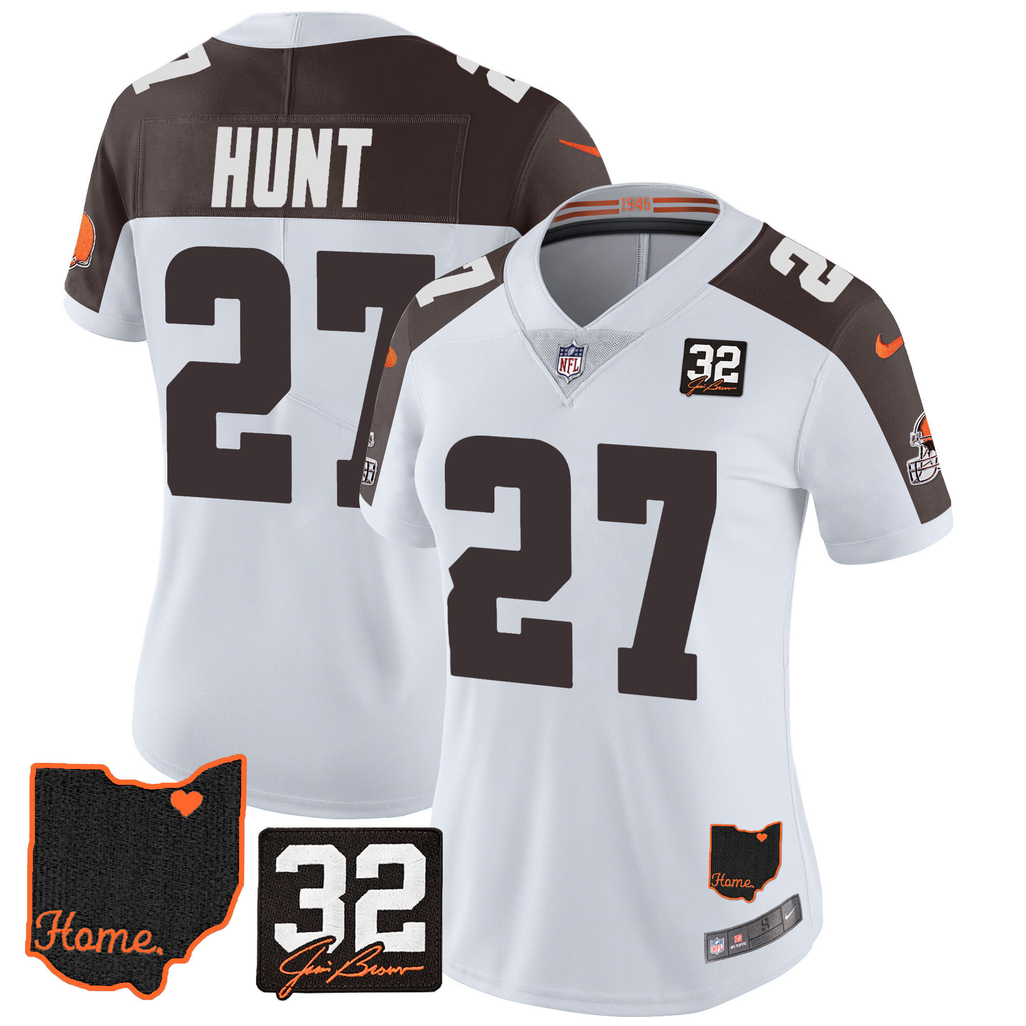 Kareem Hunt Women's Cleveland Browns #32 Jim Brown Memorial & Home Patch Inverted Jersey - All Stitched