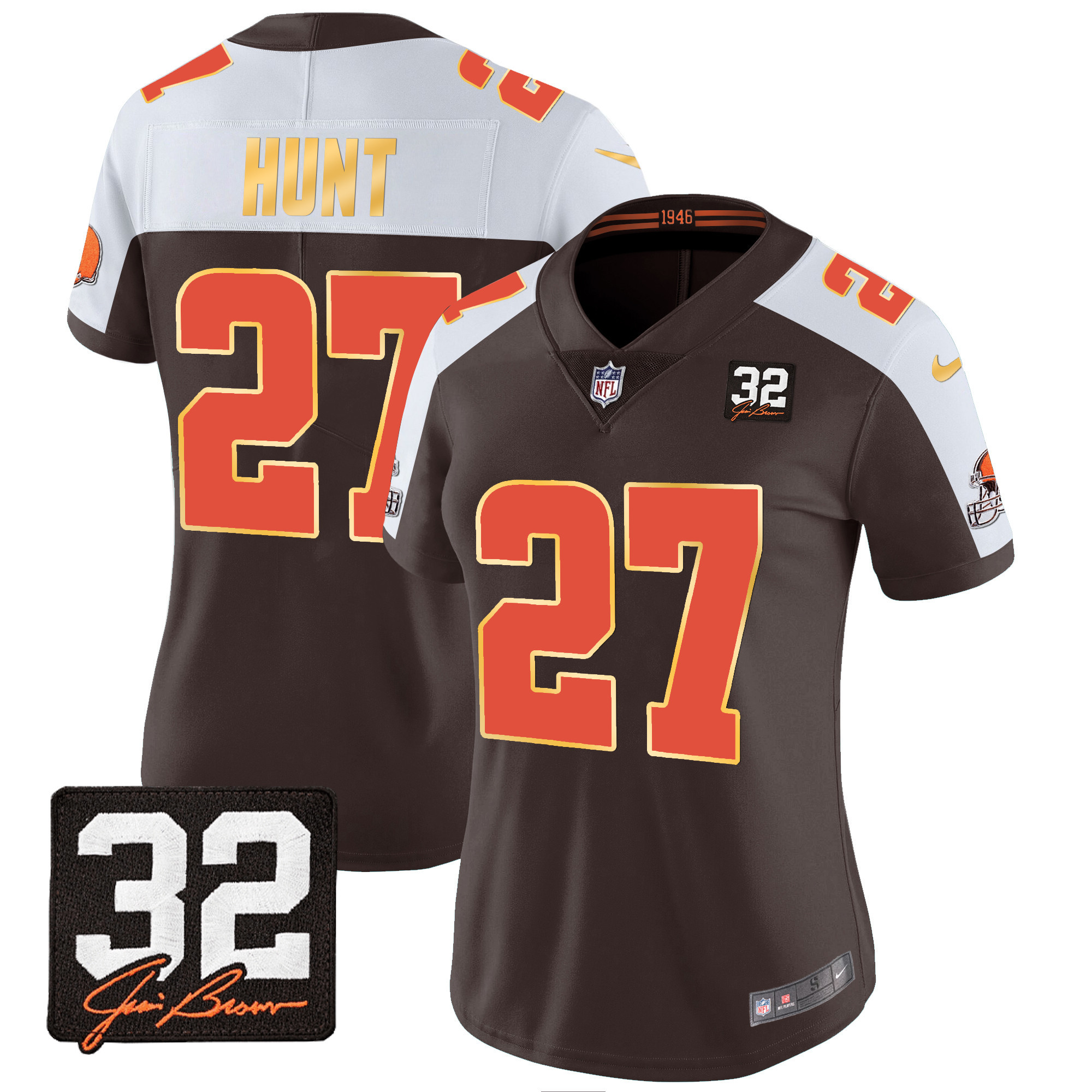 Kareem Hunt Women's Cleveland Browns #32 Jim Brown Memorial Patch Gold Trim Alternate Jersey - All Stitched