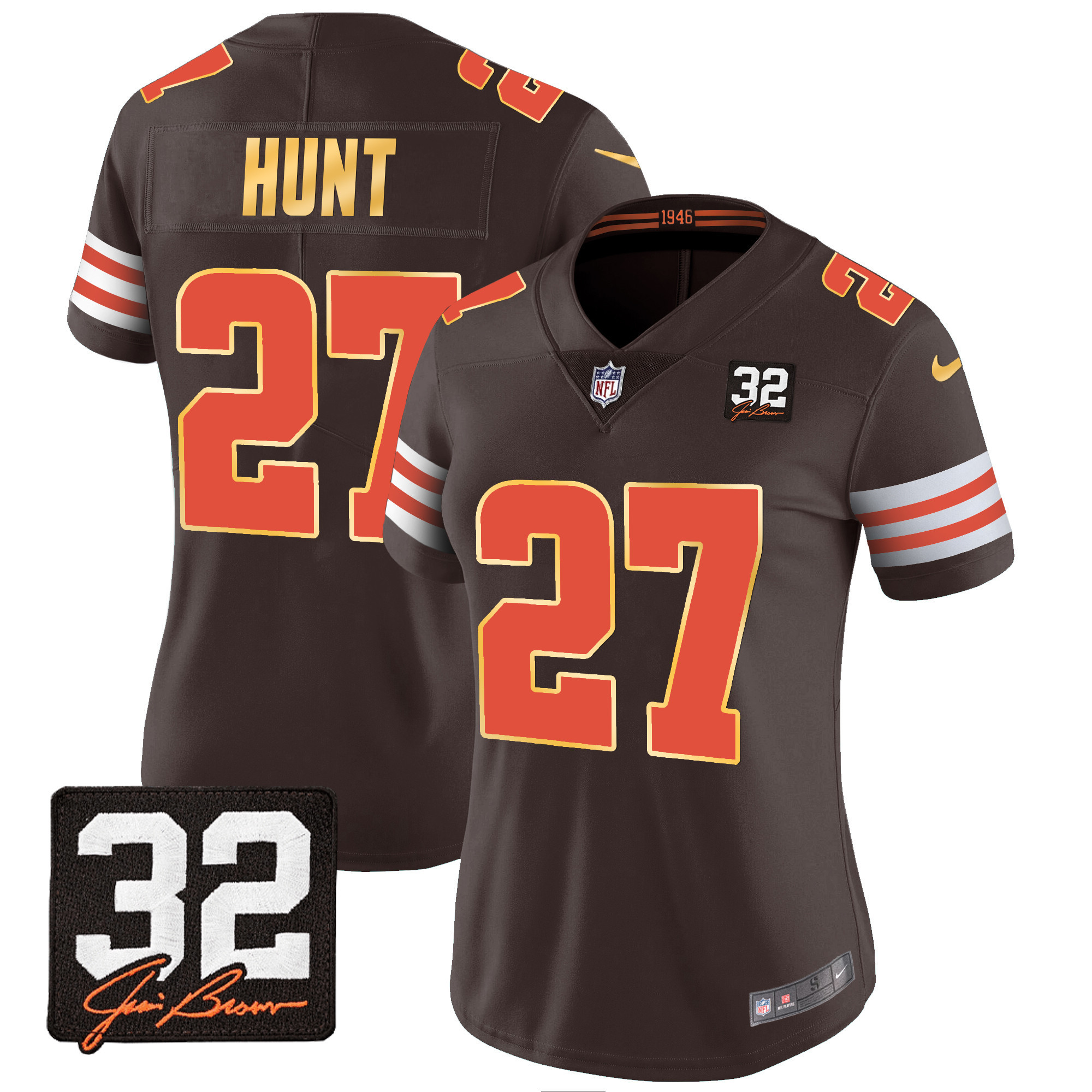 Kareem Hunt Women's Cleveland Browns #32 Jim Brown Memorial Patch Gold Trim Brown Jersey - All Stitched