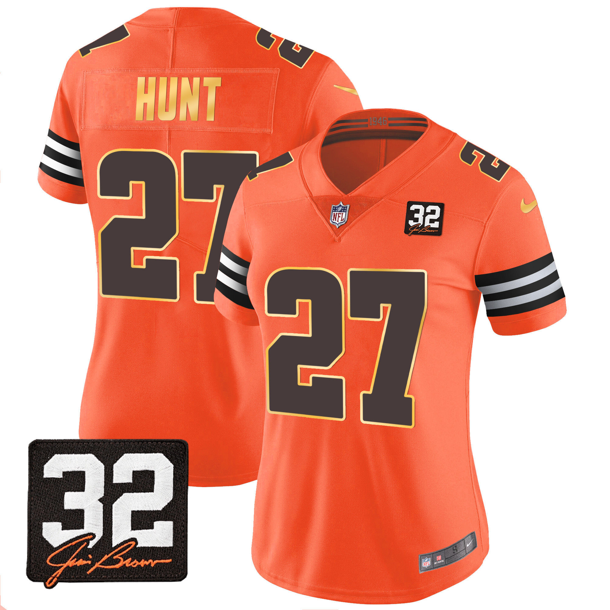 Kareem Hunt Women's Cleveland Browns #32 Jim Brown Memorial Patch Gold Trim Orange Jersey - All Stitched