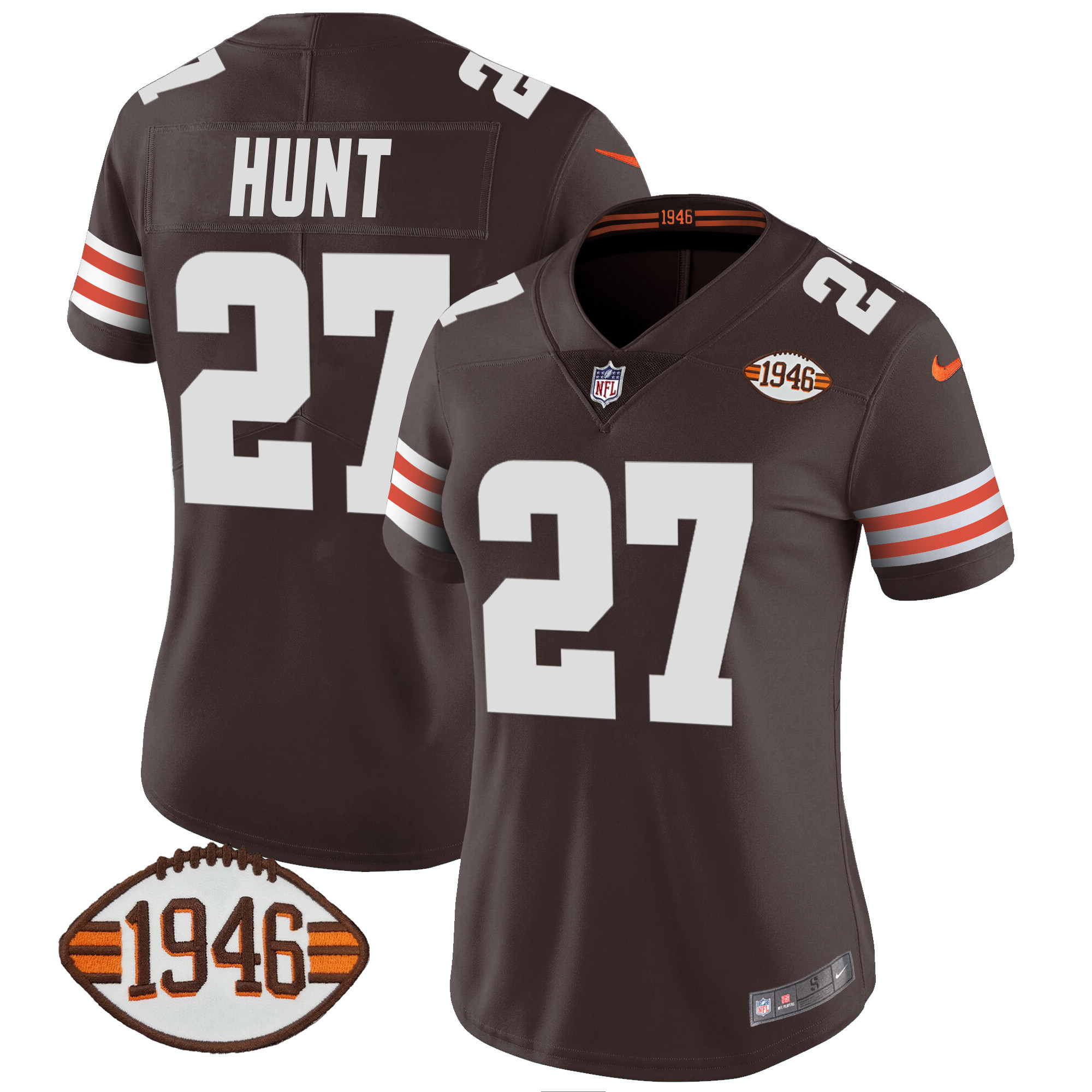 Kareem Hunt Women's Cleveland Browns 1946 75th Anniversary Patch Brown Jersey - All Stitched
