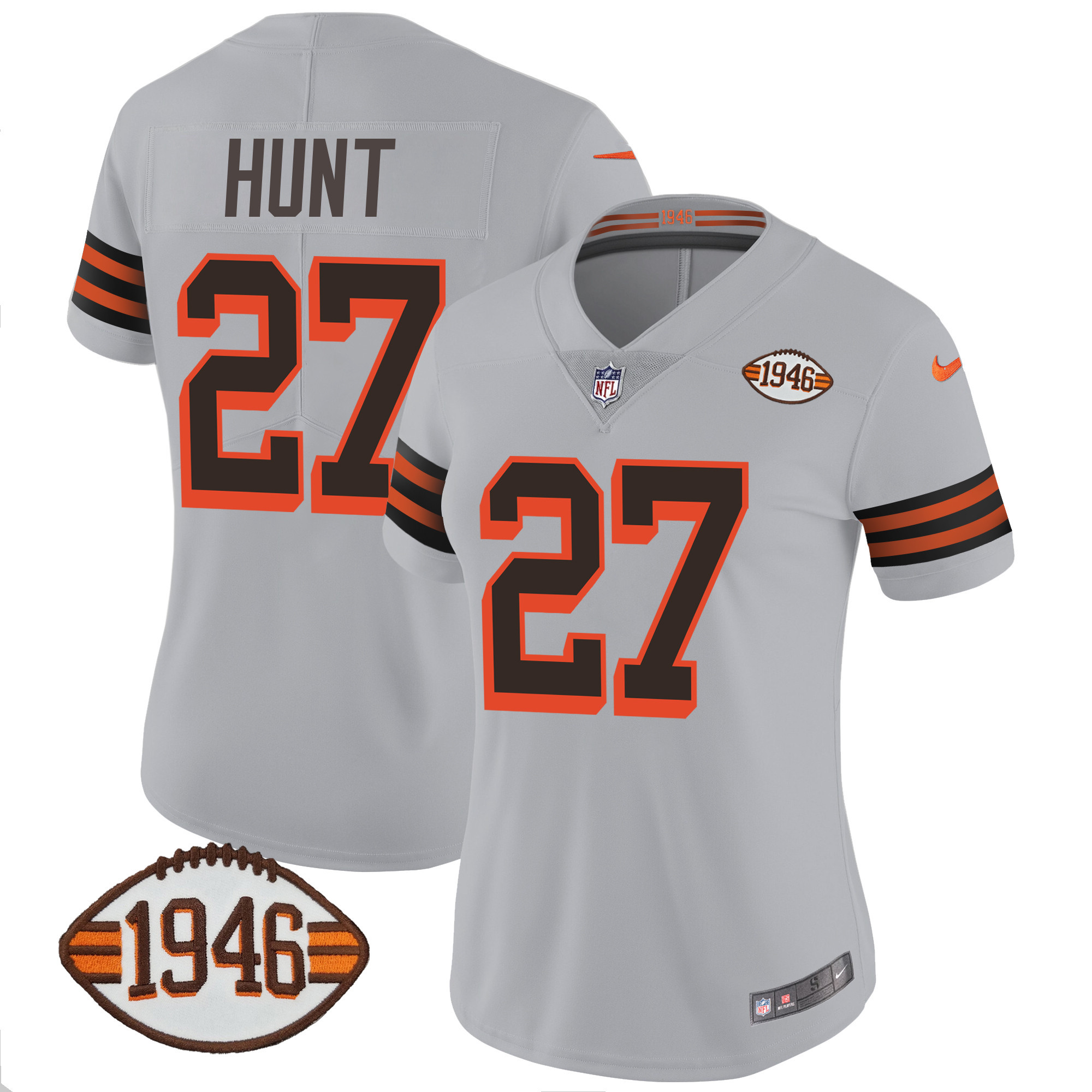Kareem Hunt Women's Cleveland Browns 1946 75th Anniversary Patch Gray Jersey - All Stitched