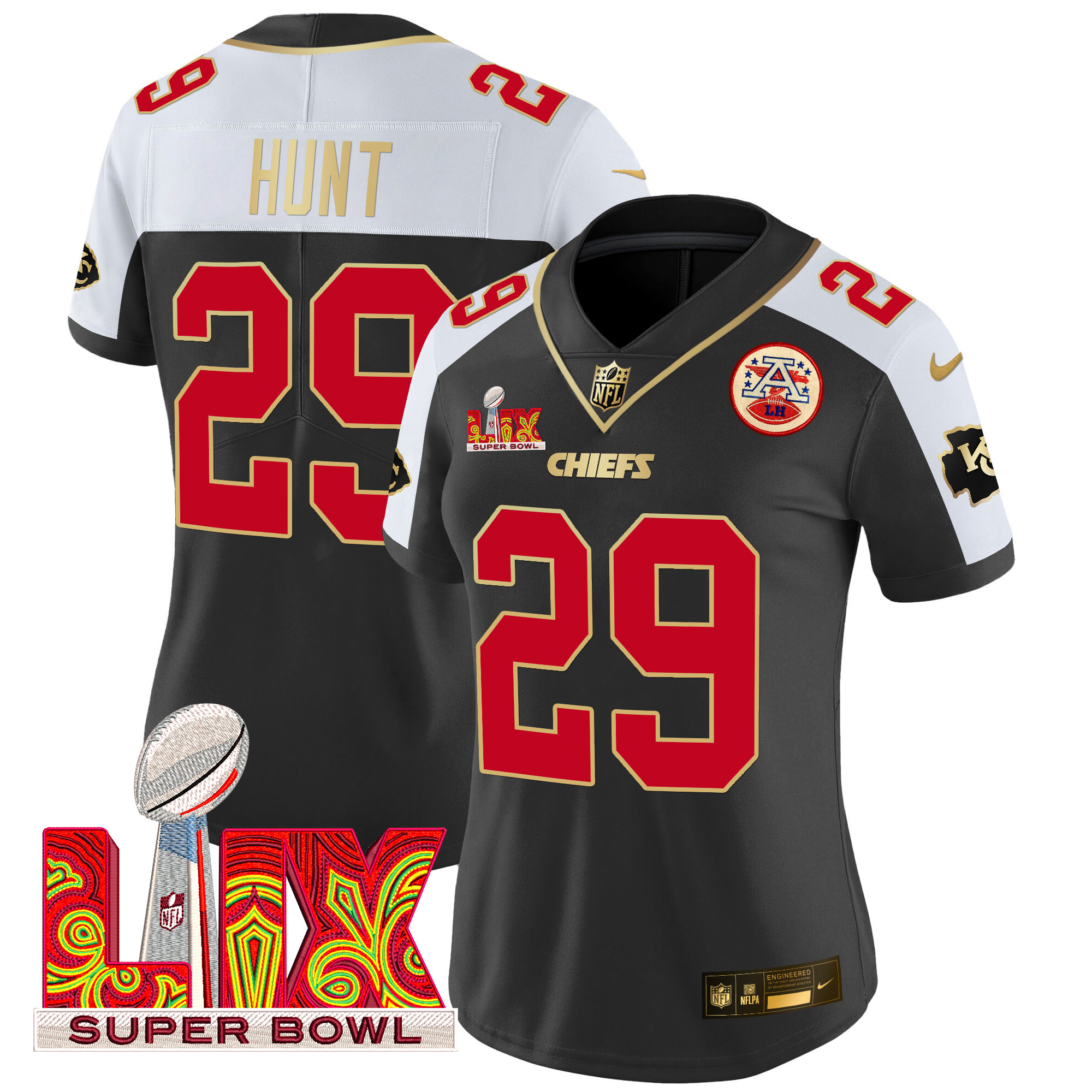 Kareem Hunt Women's Kansas City Chiefs Super Bowl LIX Patch Gold Trim Vapor Limited Black Alternate Jersey - All Stitched