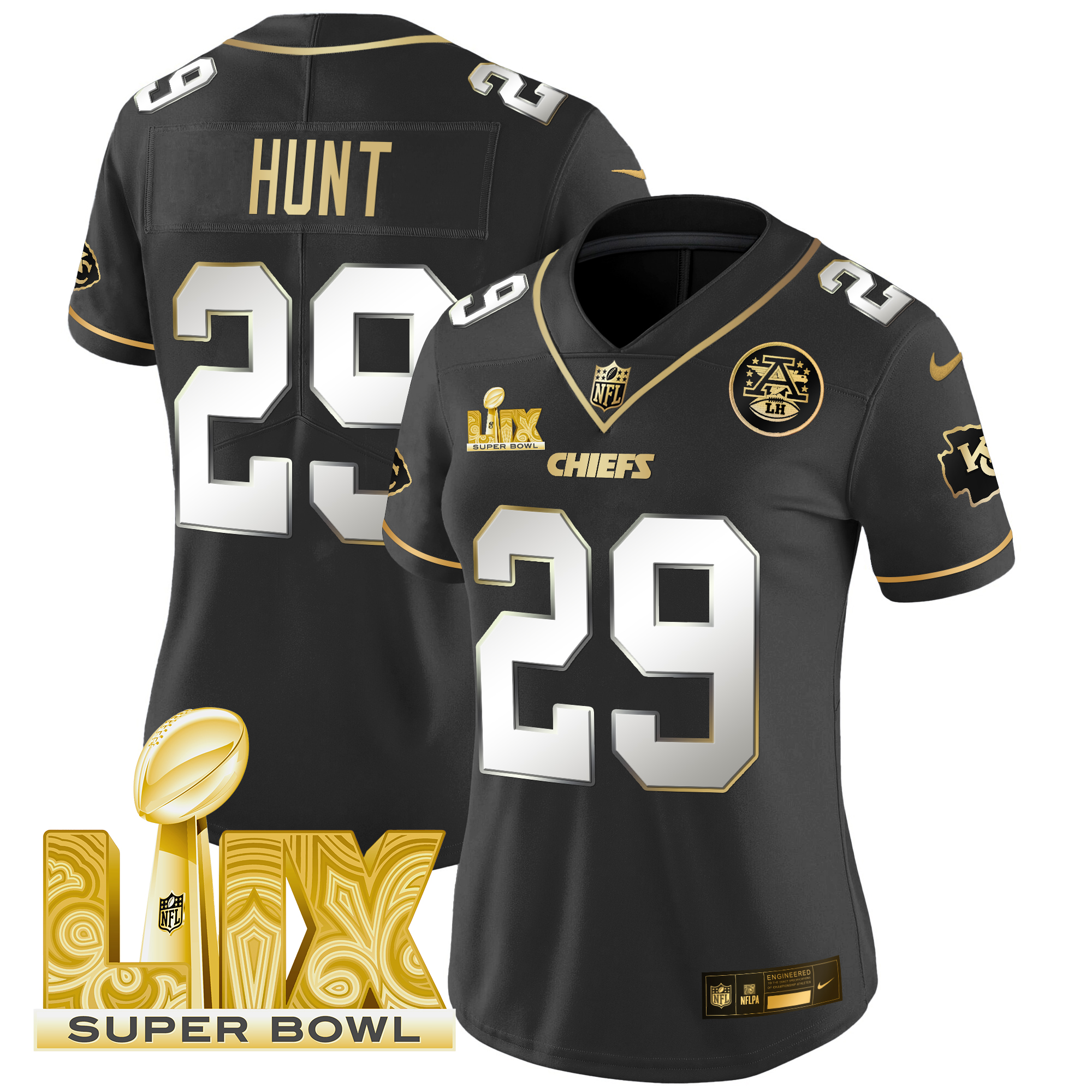 Kareem Hunt Women's Kansas City Chiefs Super Bowl LIX Patch Gold Vapor Limited Black Limited Jersey - All Stitched
