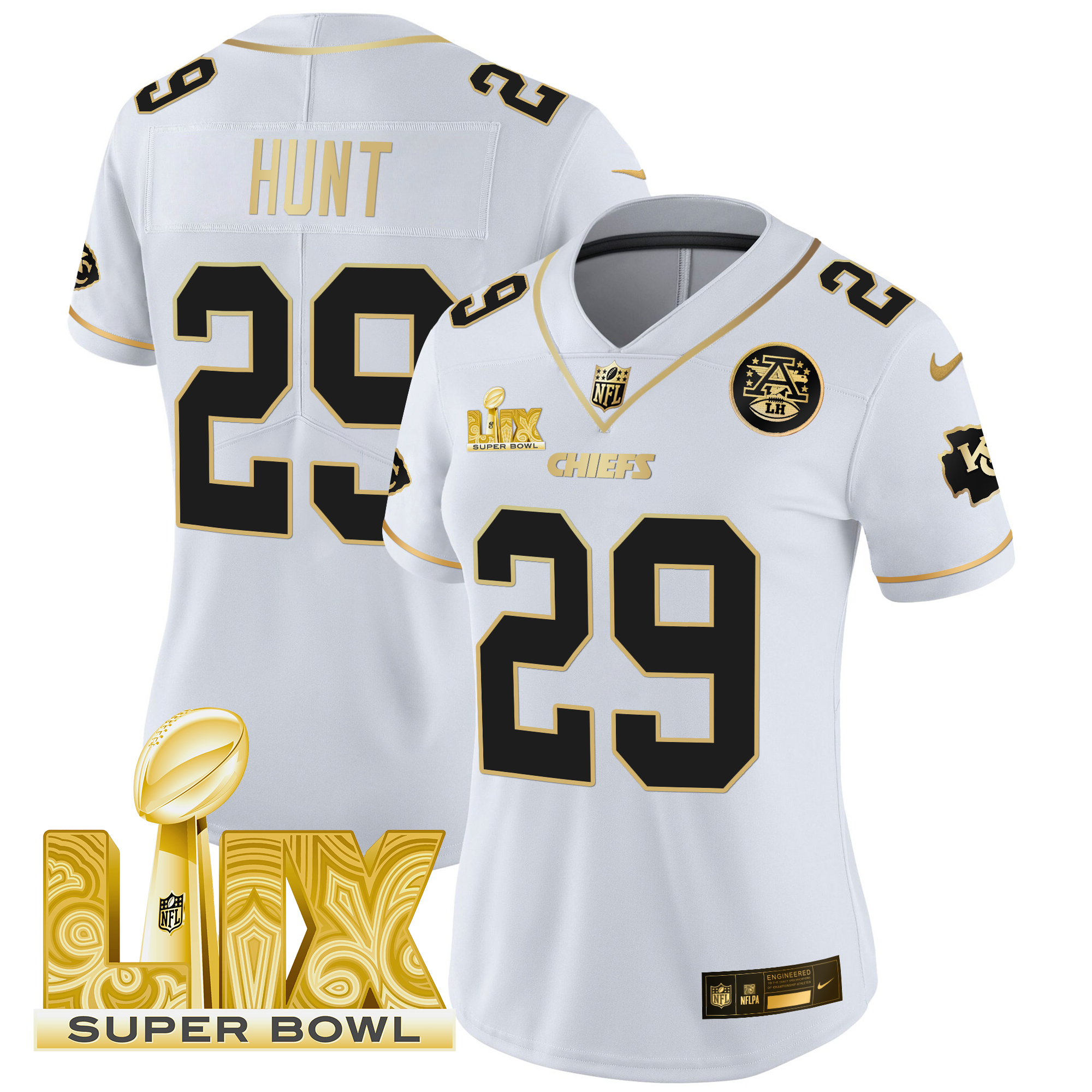 Kareem Hunt Women's Kansas City Chiefs Super Bowl LIX Patch Gold Vapor Limited White Gold Jersey - All Stitched