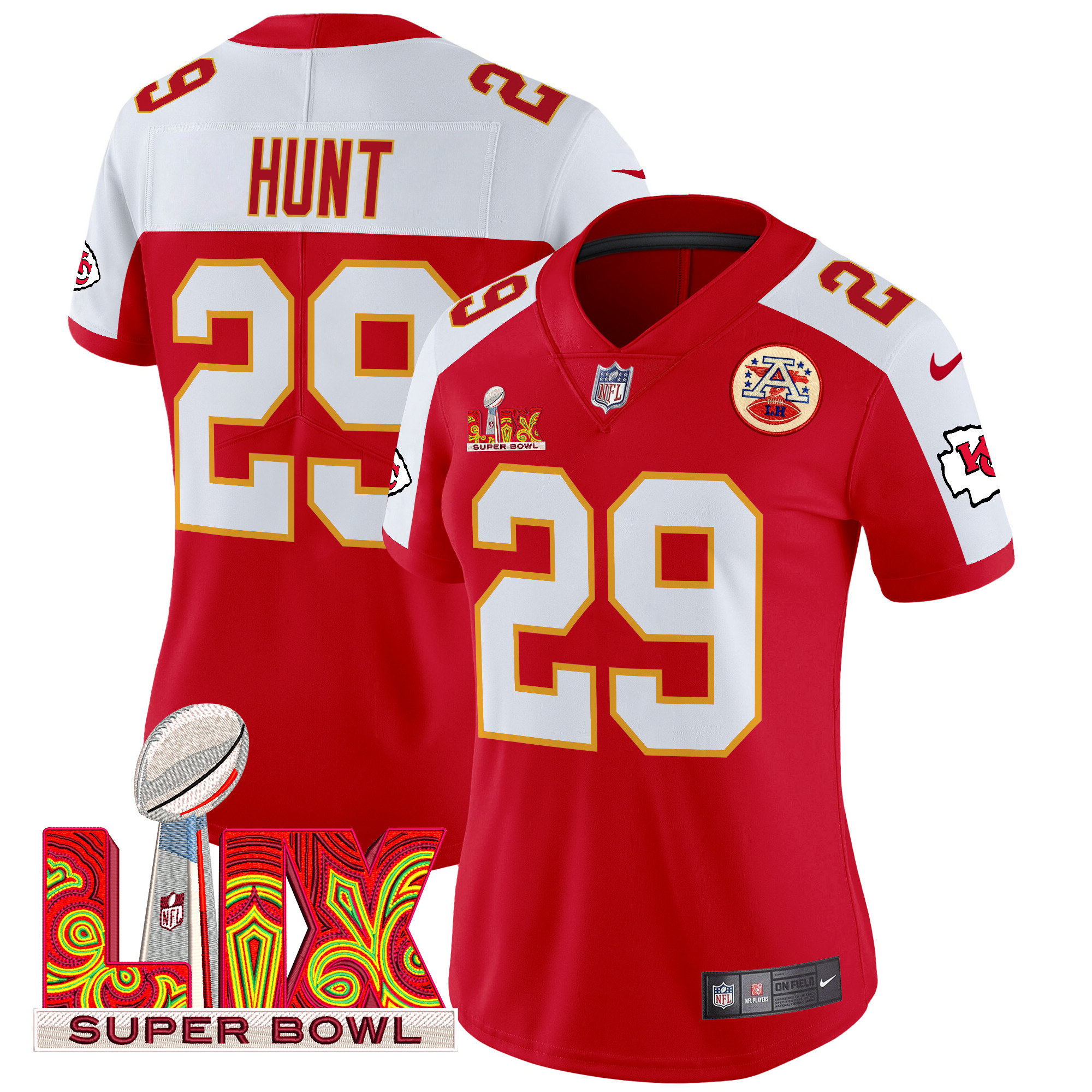 Kareem Hunt Women's Kansas City Chiefs Super Bowl LIX Patch Vapor Limited Red Alternate Jersey - All Stitched