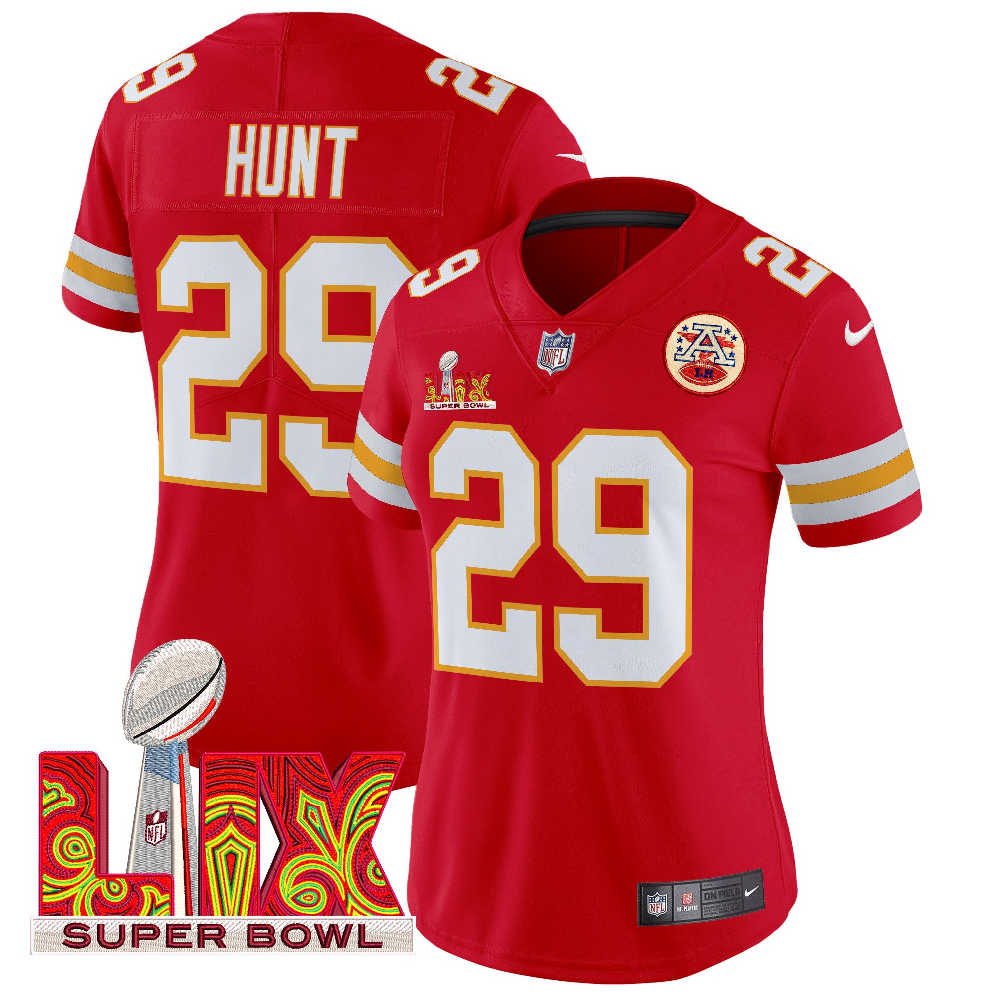 Kareem Hunt Women's Kansas City Chiefs Super Bowl LIX Patch Vapor Limited Red Jersey - All Stitched