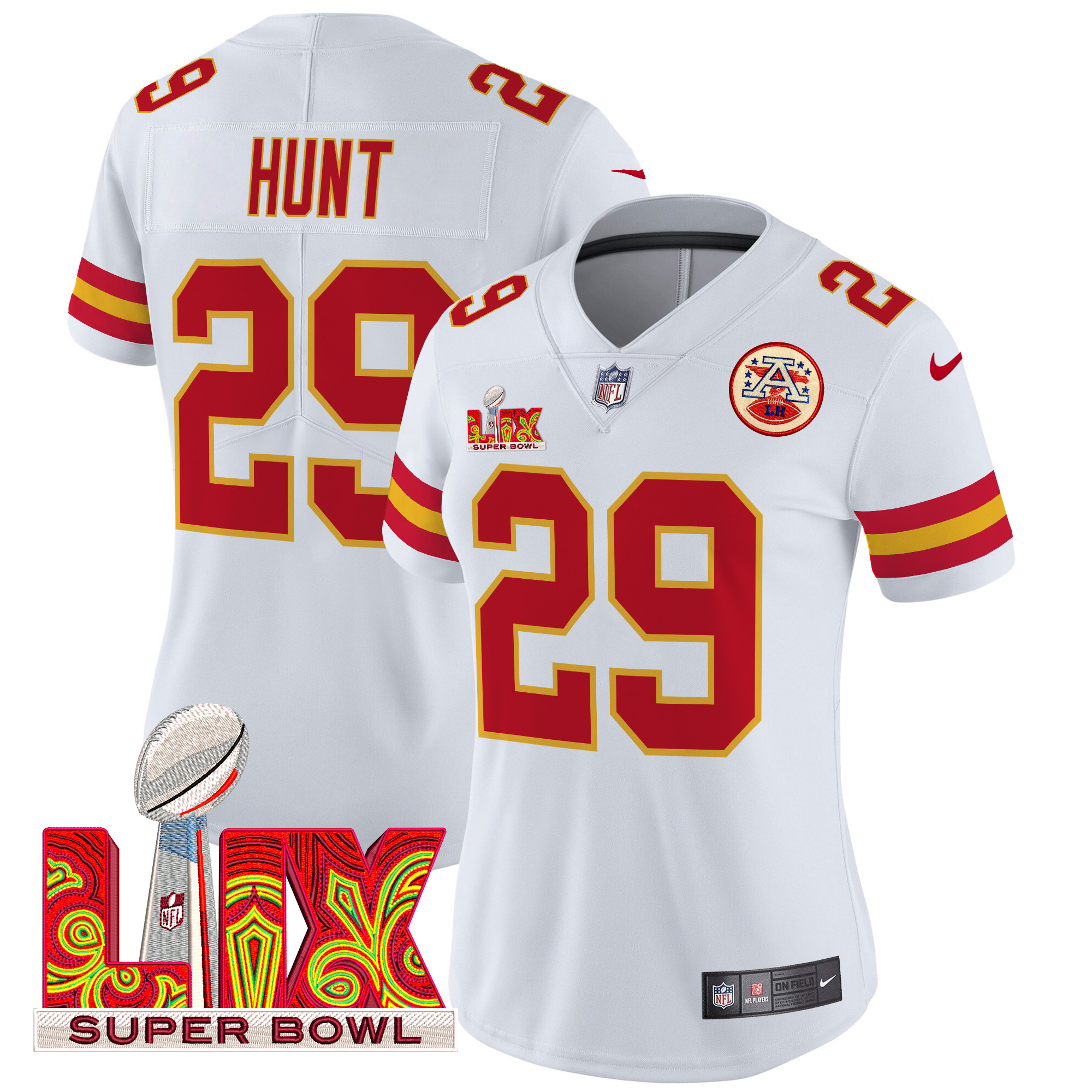 Kareem Hunt Women's Kansas City Chiefs Super Bowl LIX Patch Vapor Limited White Jersey - All Stitched