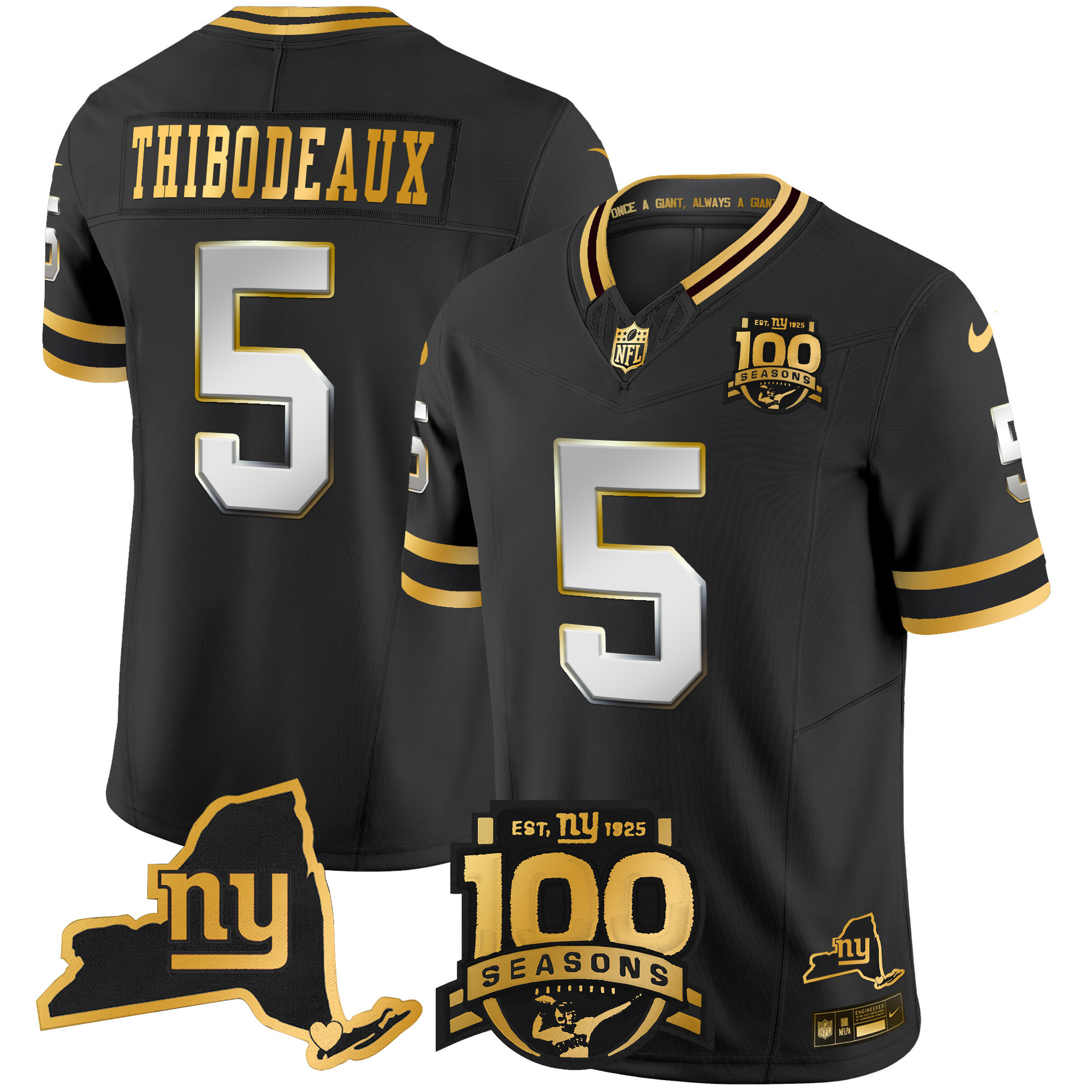 Kayvon Thibodeaux Men's New York Giants 100th Season & State Patch Gold Vapor Limited Black Limited Jersey - All Stitched