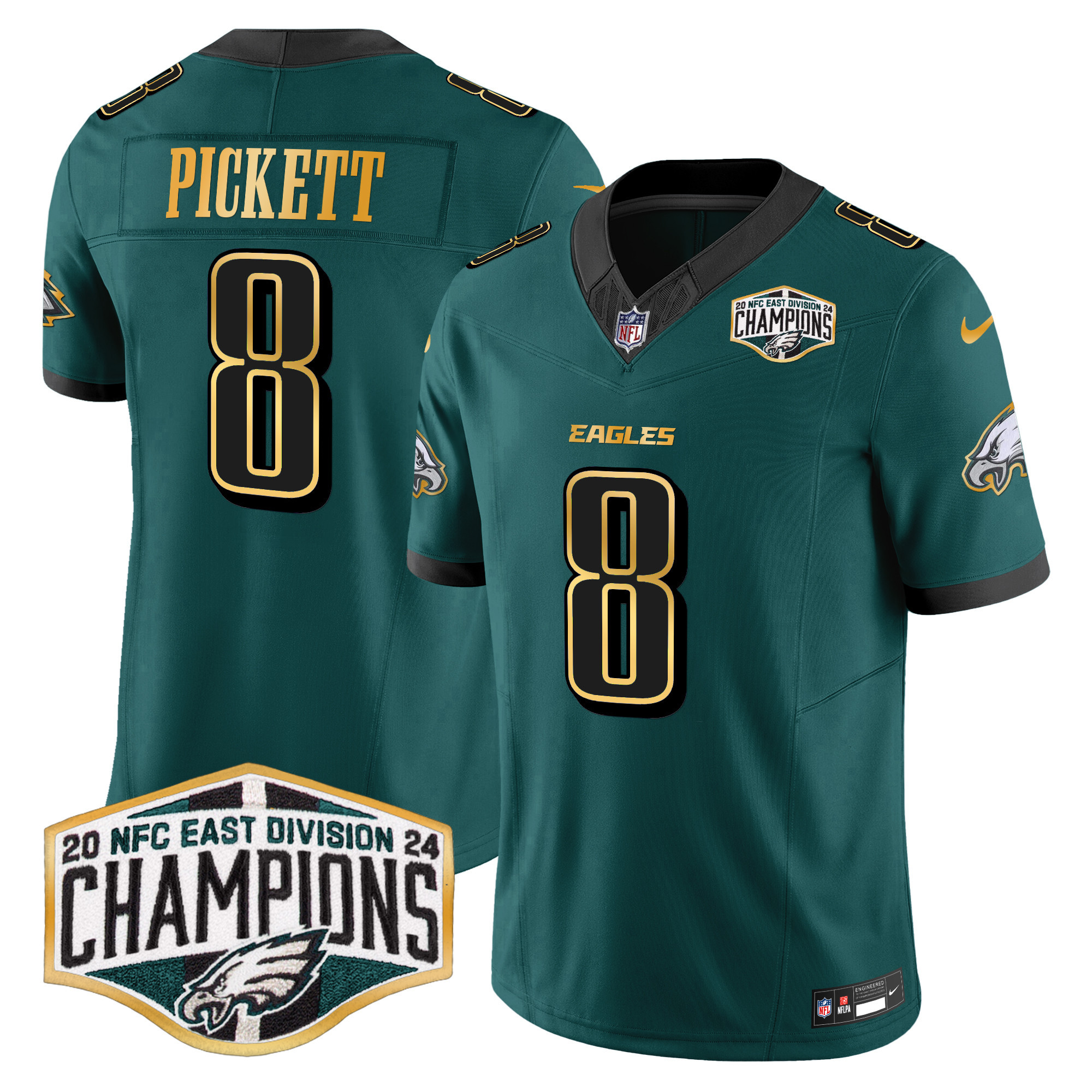 Kenny Pickett Men's Philadelphia Eagles 2024 NFC East Division Champions Gold Trim Vapor Limited Midnight Green Jersey - All Stitched