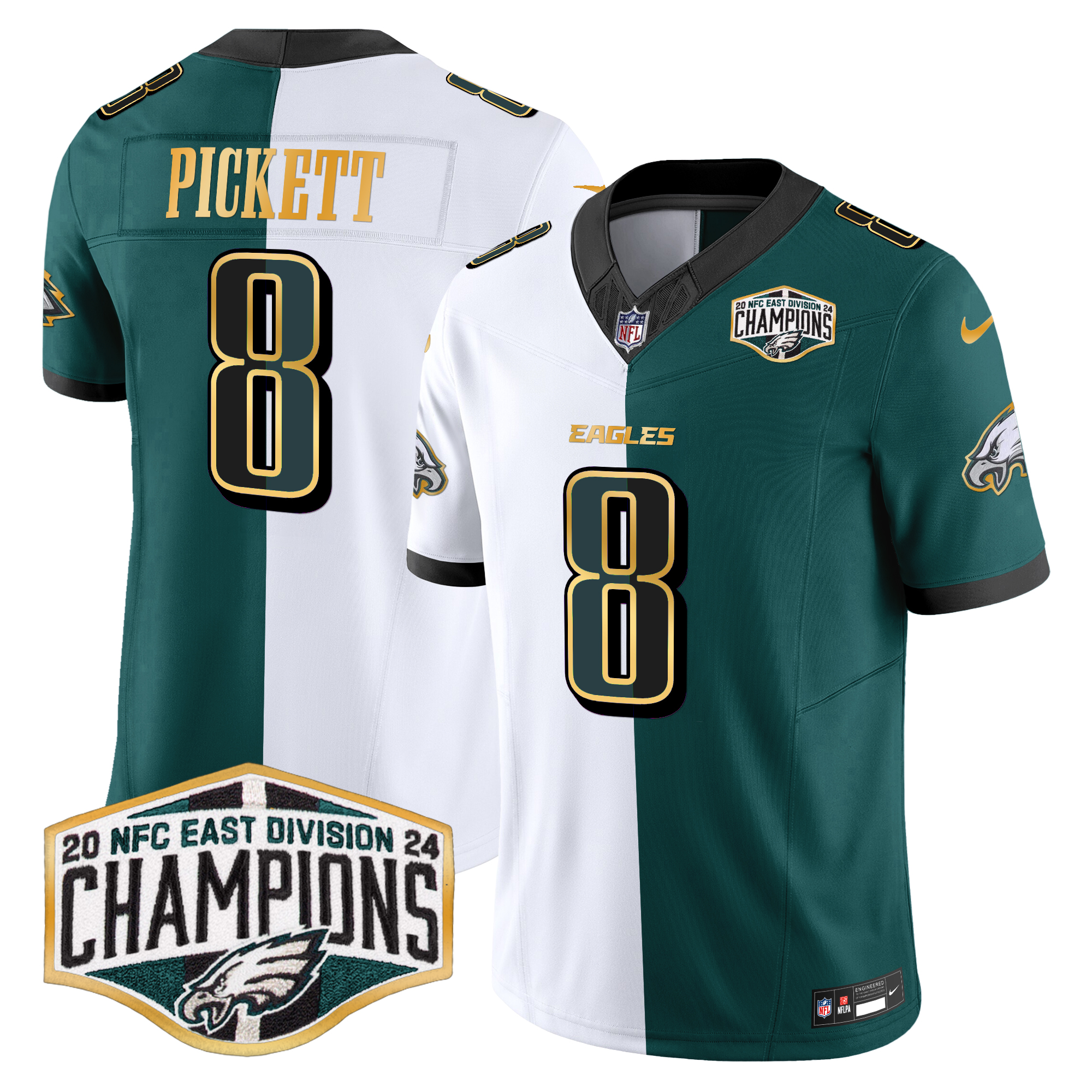 Kenny Pickett Men's Philadelphia Eagles 2024 NFC East Division Champions Gold Trim Vapor Limited Split Jersey - All Stitched