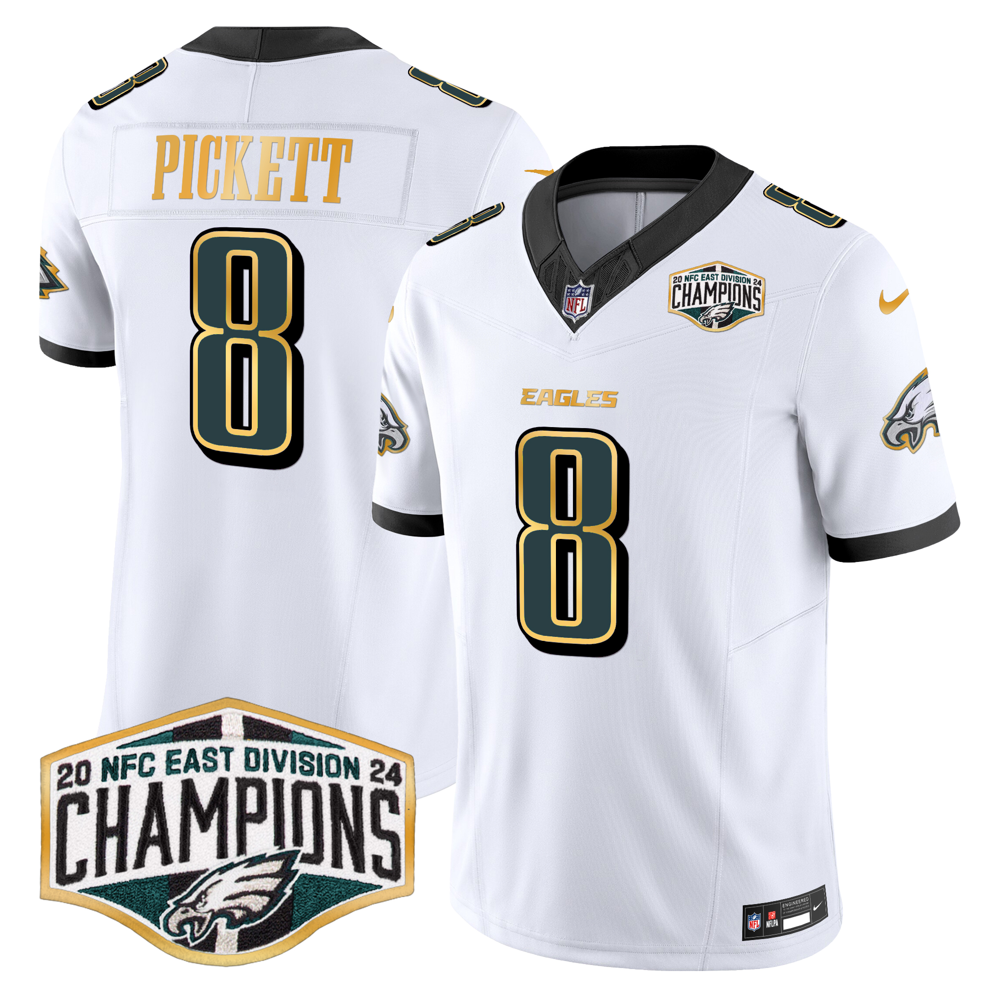 Kenny Pickett Men's Philadelphia Eagles 2024 NFC East Division Champions Gold Trim Vapor Limited White Jersey - All Stitched