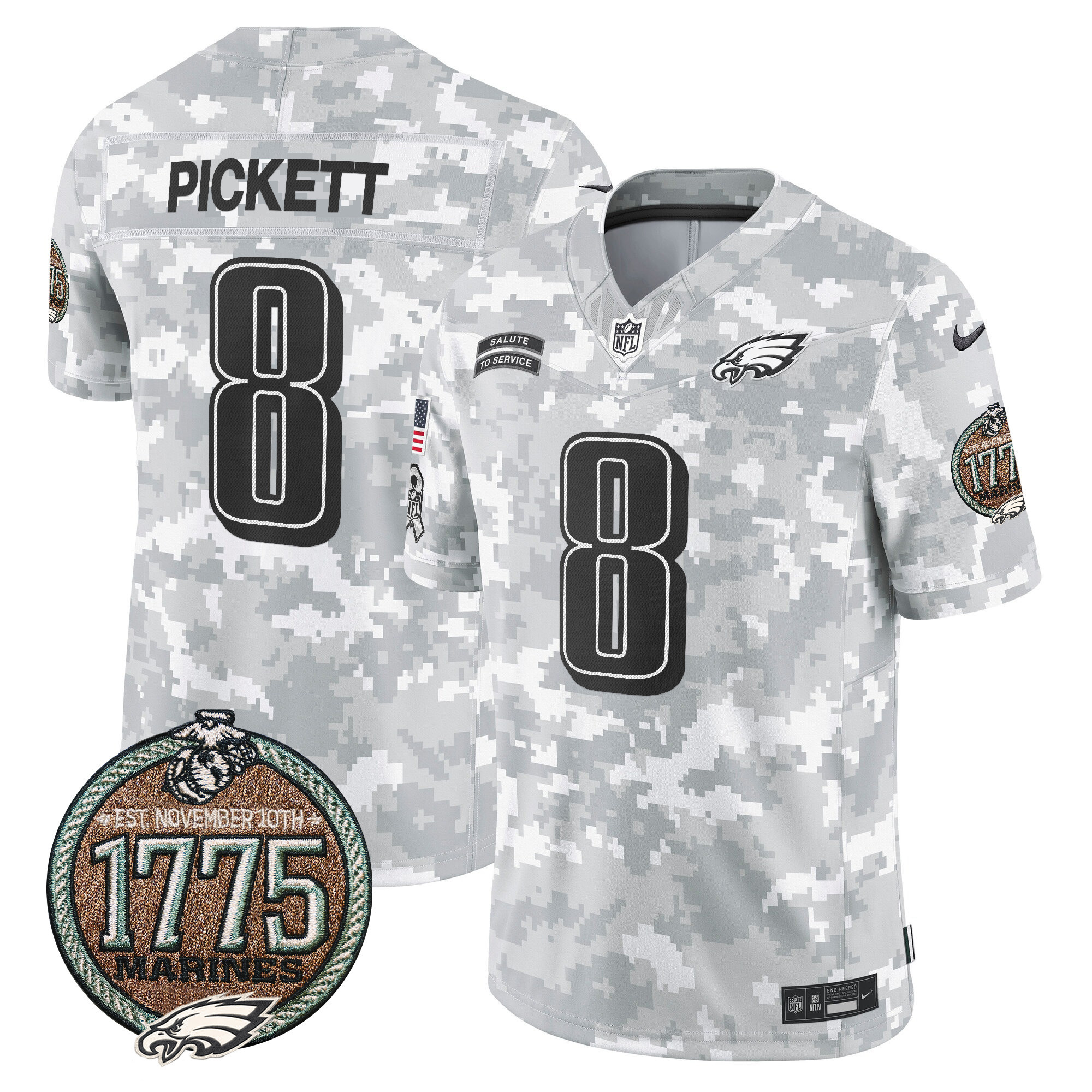 Kenny Pickett Men's Philadelphia Eagles 2024 Salute to Service Establishment Year Patch Vapor Limited Marines Jersey - All Stitched