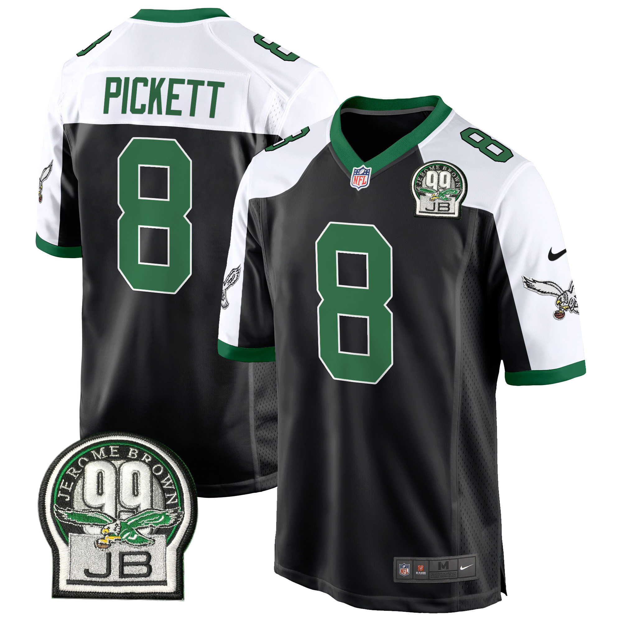Kenny Pickett Men's Philadelphia Eagles Jerome Brown Patch Kelly Green Game Black Alternate Jersey - All Stitched