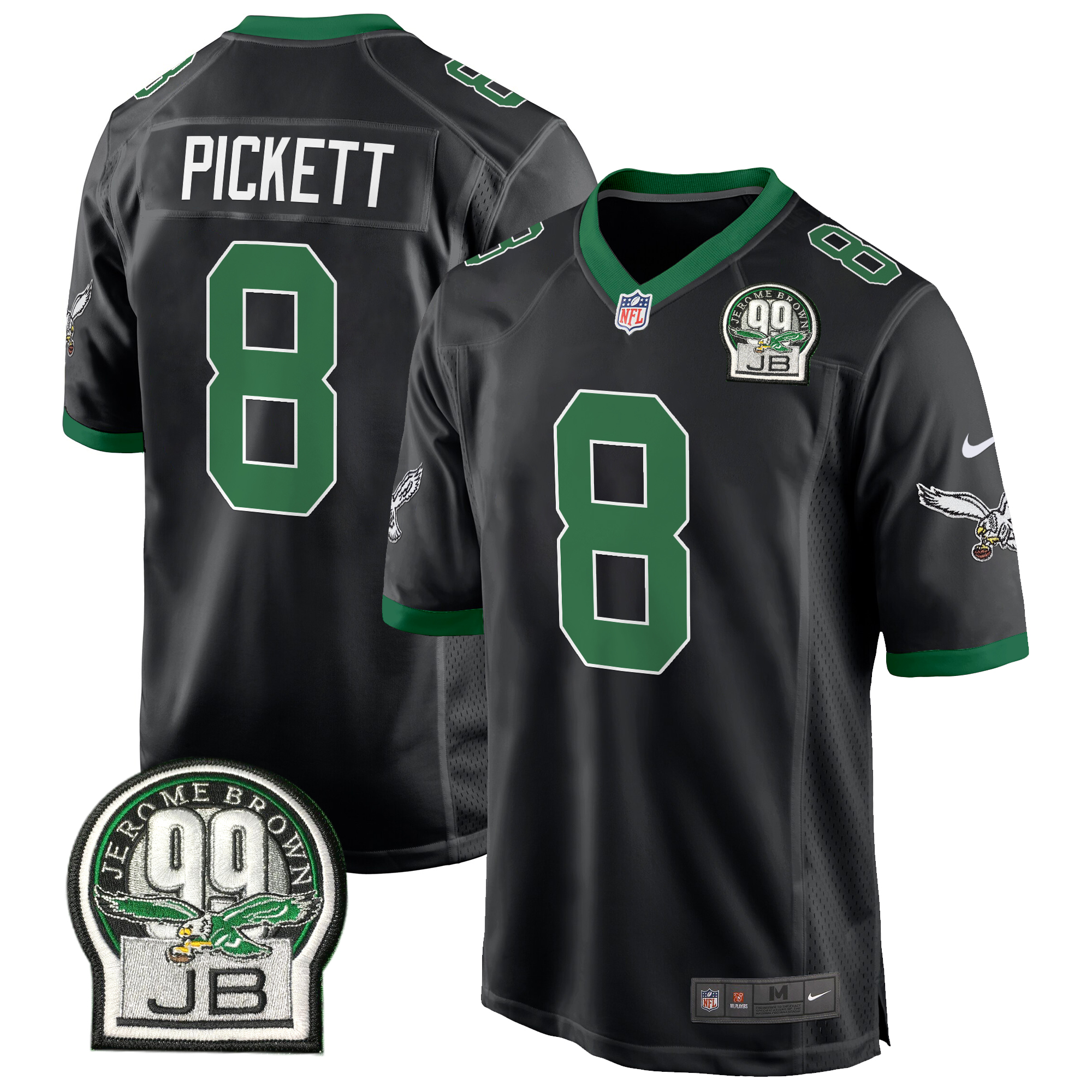 Kenny Pickett Men's Philadelphia Eagles Jerome Brown Patch Kelly Green Game Black Jersey - All Stitched
