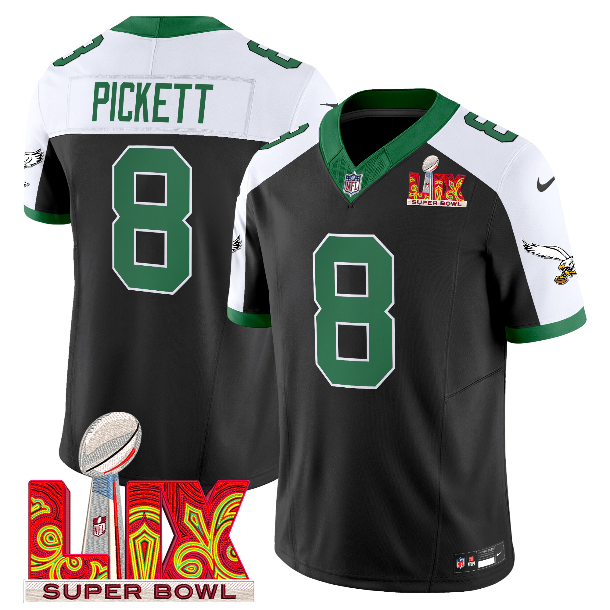 Kenny Pickett Men's Philadelphia Eagles Kelly Green Super Bowl LIX Patch Vapor Limited Black Alternate Jersey - All Stitched