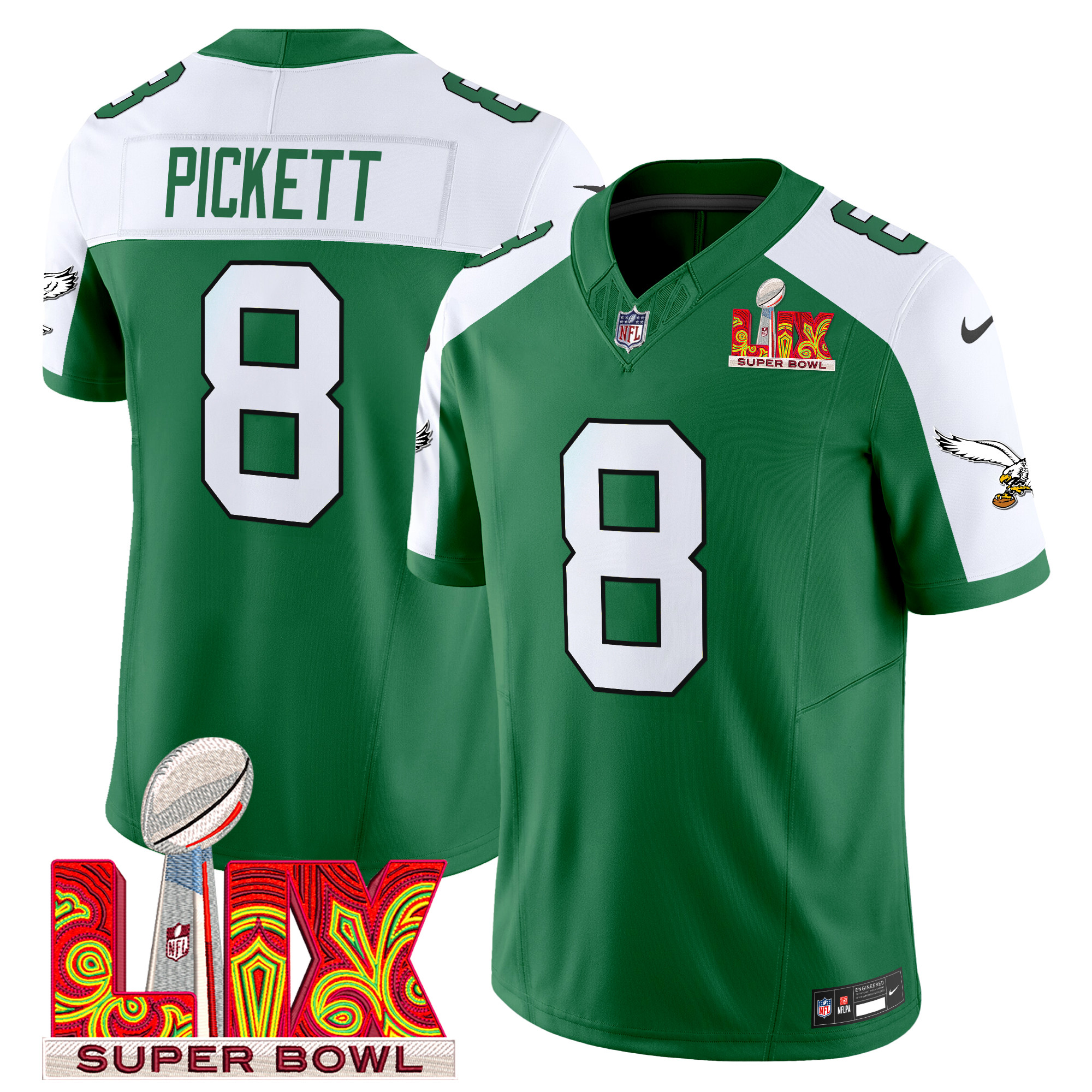 Kenny Pickett Men's Philadelphia Eagles Kelly Green Super Bowl LIX Patch Vapor Limited Kelly Alternate Jersey - All Stitched