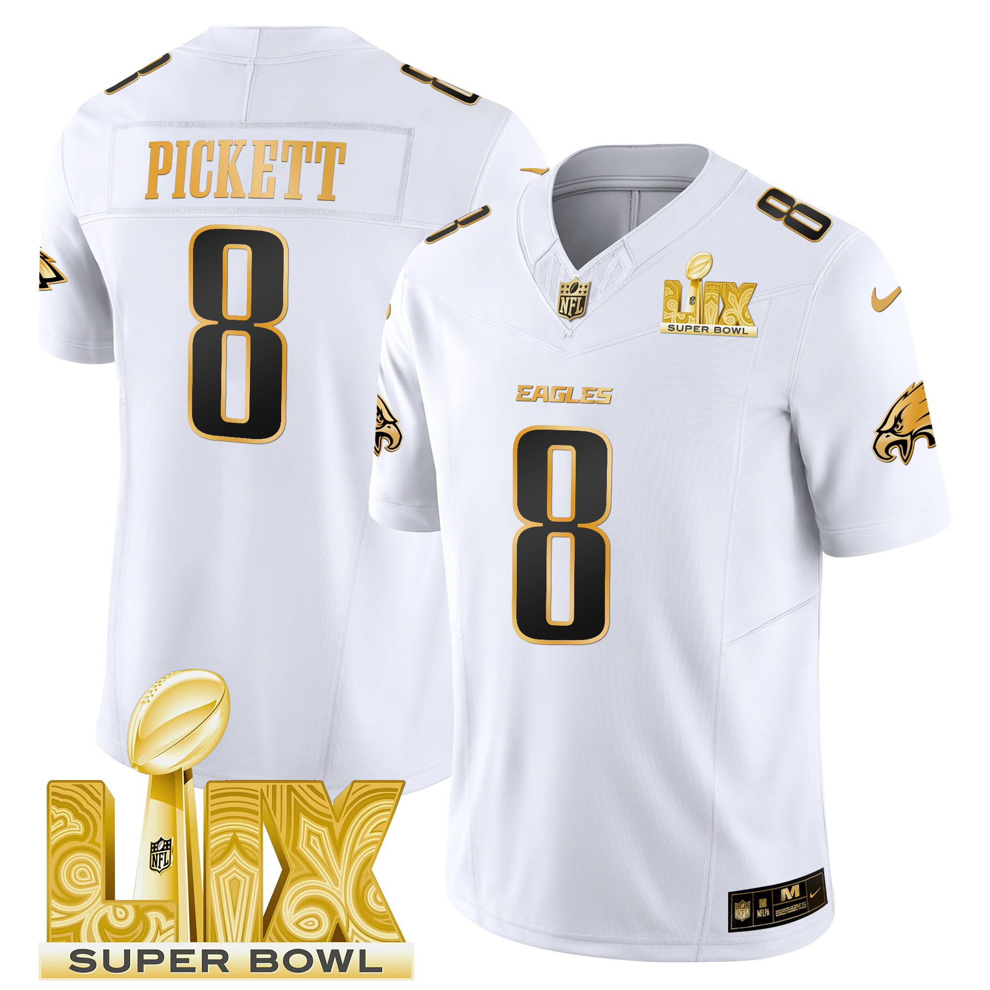 Kenny Pickett Men's Philadelphia Eagles Super Bowl LIX Patch Gold Vapor Limited White Gold Jersey - All Stitched