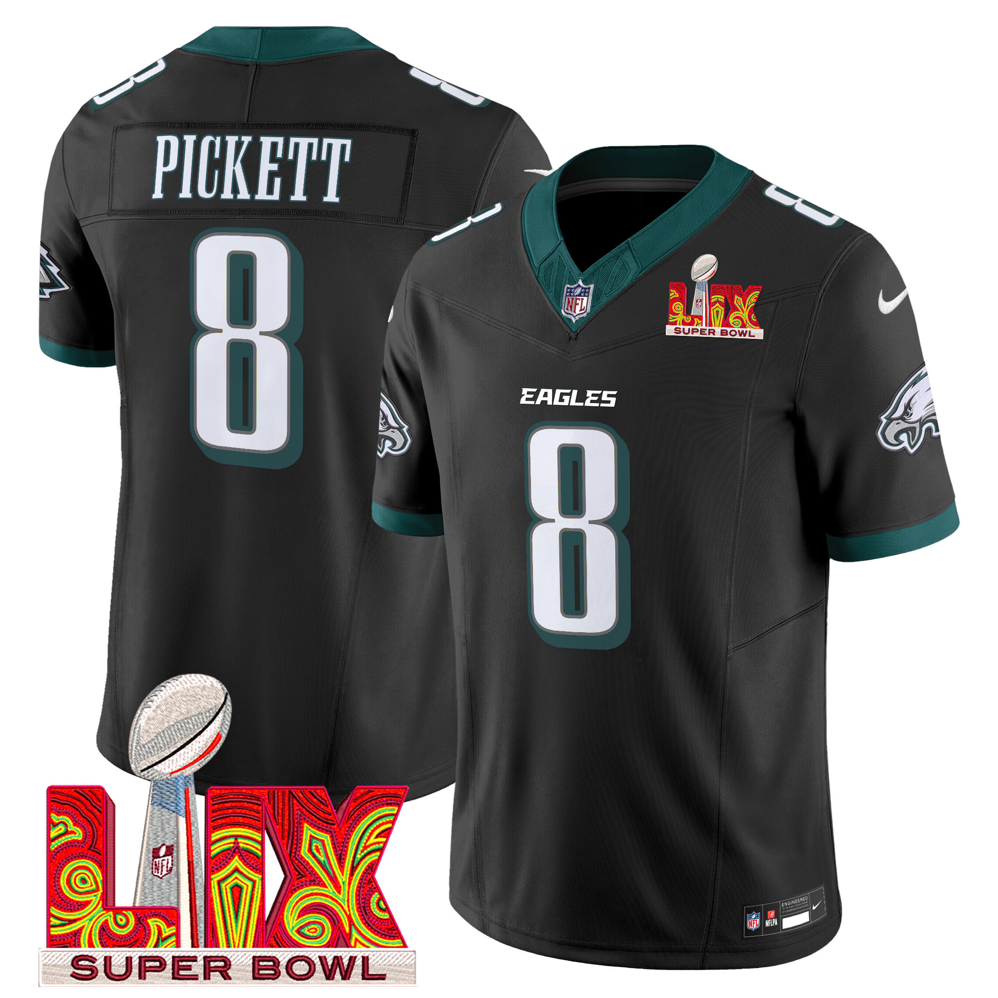 Kenny Pickett Men's Philadelphia Eagles Super Bowl LIX Patch Vapor Limited Black Jersey - All Stitched