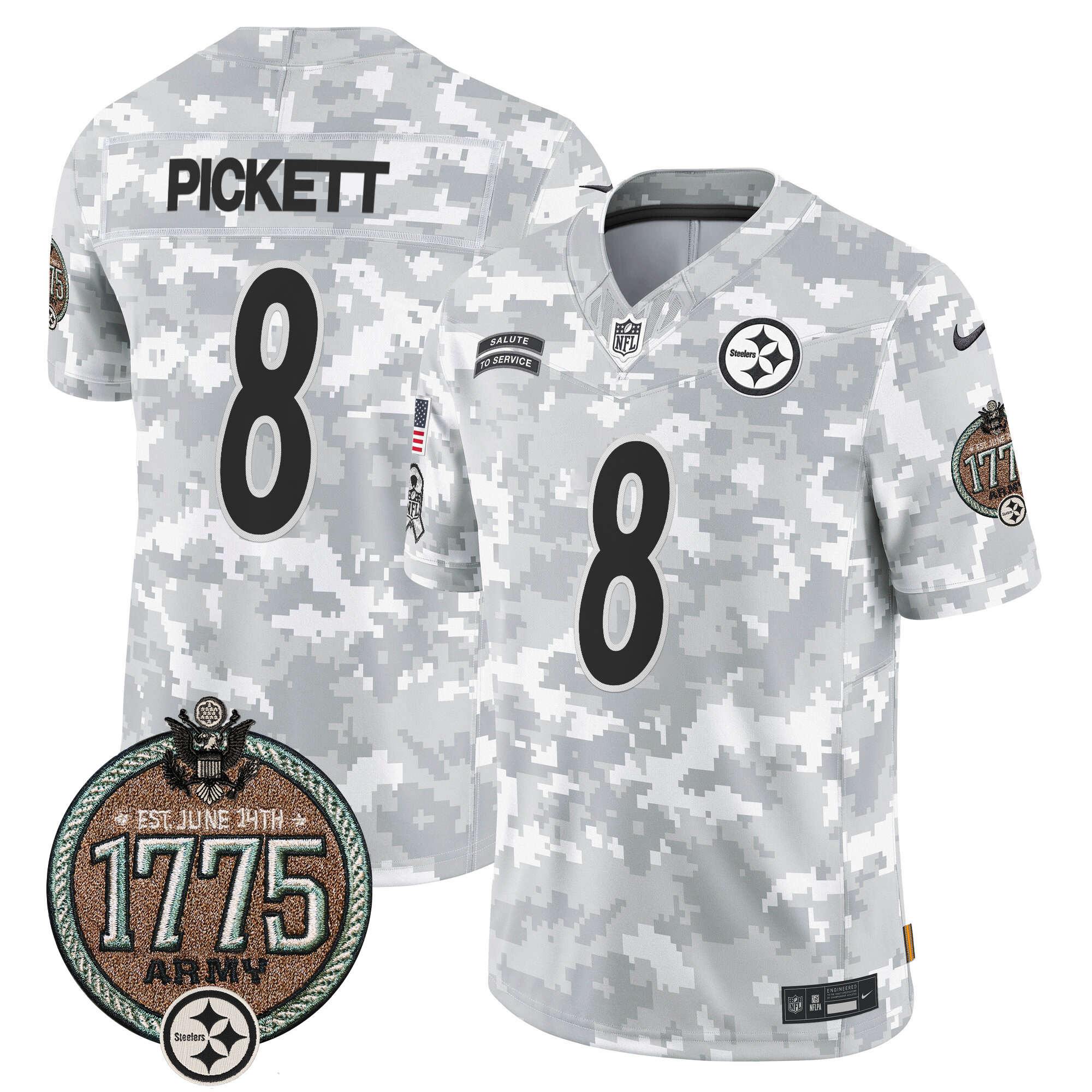 Kenny Pickett Men's Pittsburgh Steelers 2024 Salute to Service Establishment Year Patch Vapor Limited Army Jersey - All Stitched