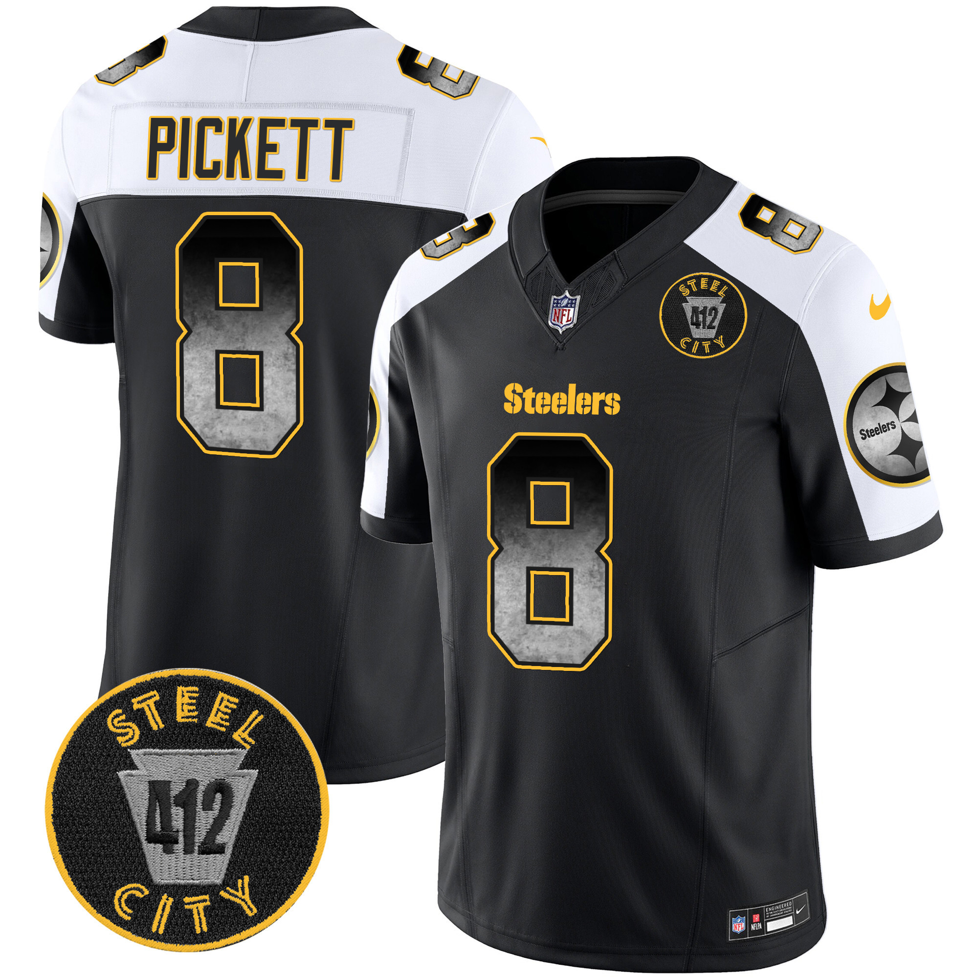 Kenny Pickett Men's Pittsburgh Steelers Arch Smoke 412 Patch Vapor Limited Alternate Jersey - All Stitched
