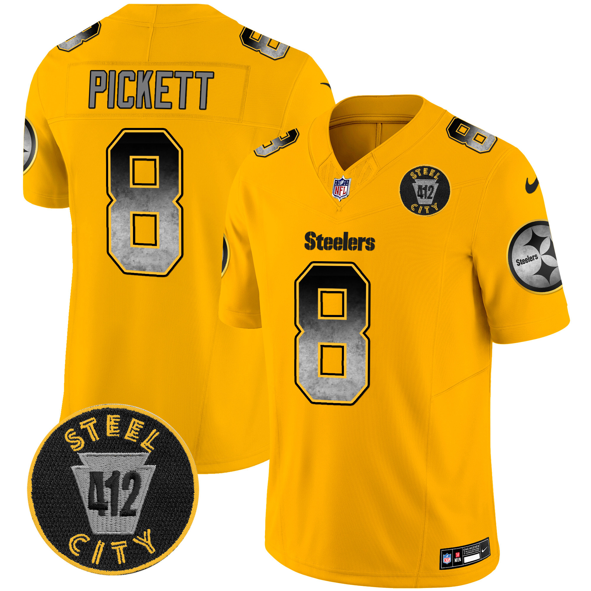 Kenny Pickett Men's Pittsburgh Steelers Arch Smoke 412 Patch Vapor Limited Gold Jersey - All Stitched