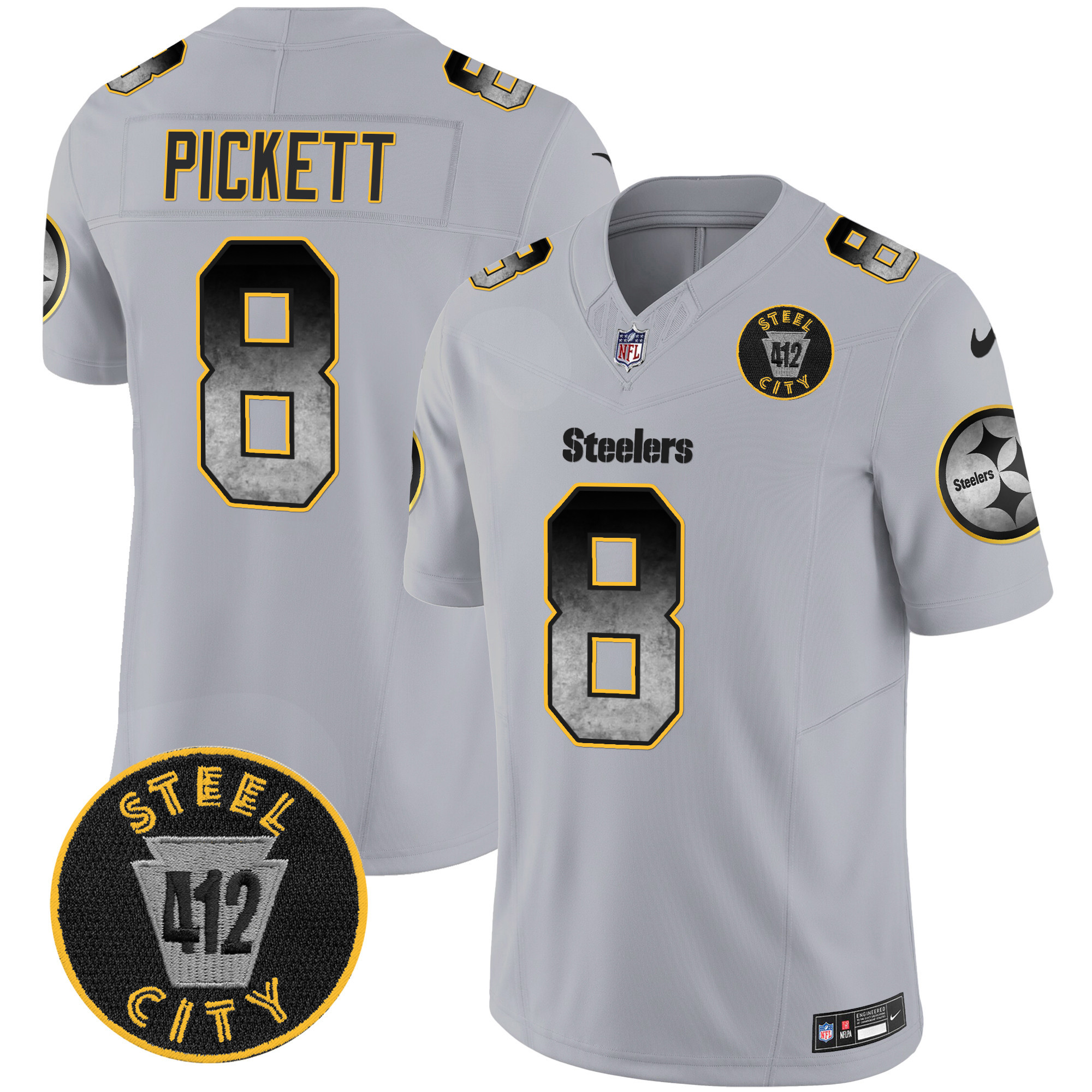 Kenny Pickett Men's Pittsburgh Steelers Arch Smoke 412 Patch Vapor Limited Gray Jersey - All Stitched