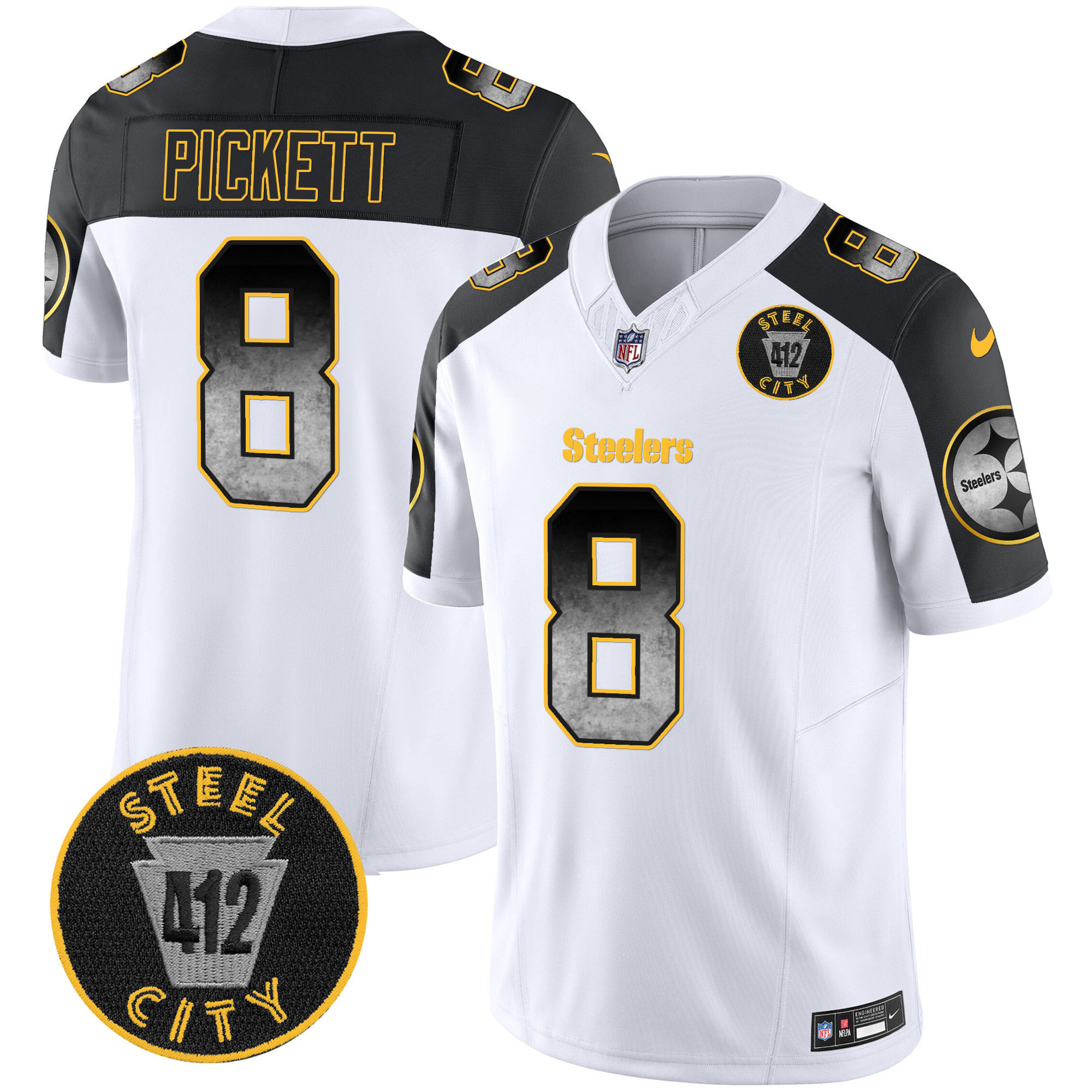 Kenny Pickett Men's Pittsburgh Steelers Arch Smoke 412 Patch Vapor Limited Inverted Jersey - All Stitched