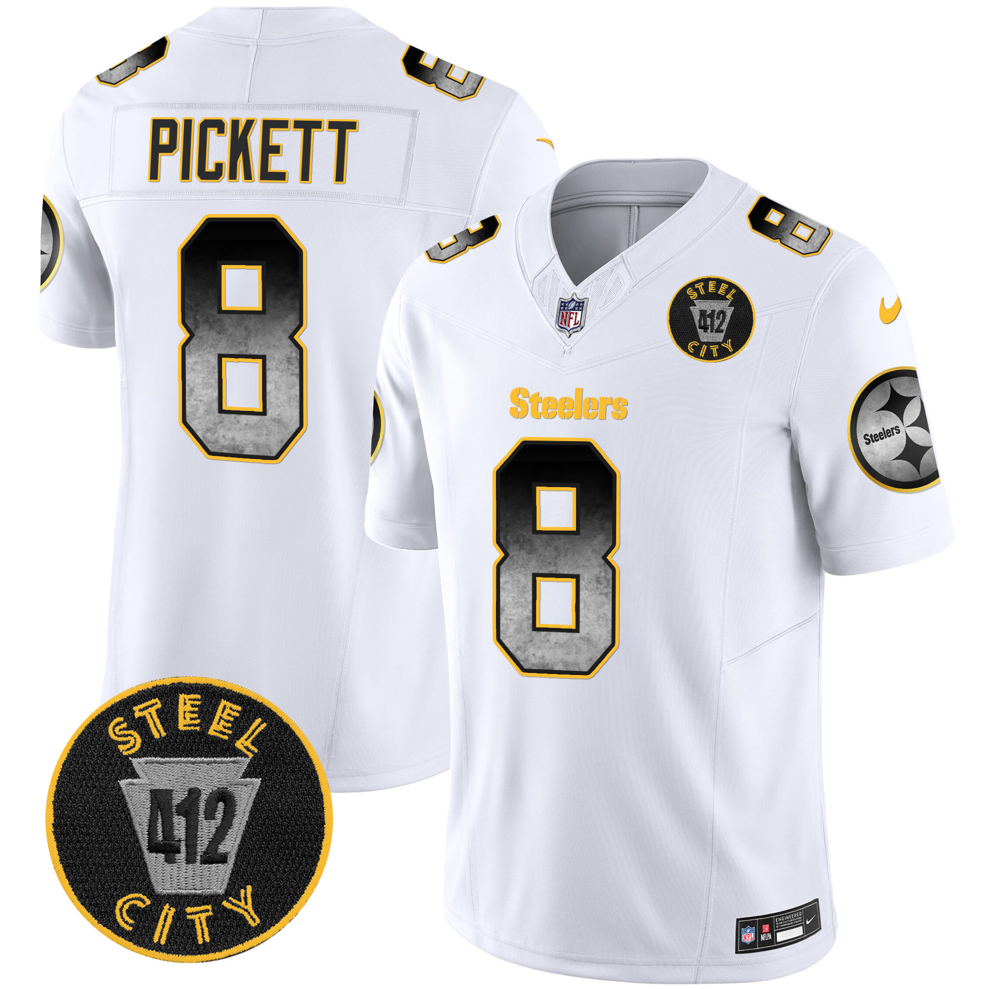 Kenny Pickett Men's Pittsburgh Steelers Arch Smoke 412 Patch Vapor Limited White Jersey - All Stitched