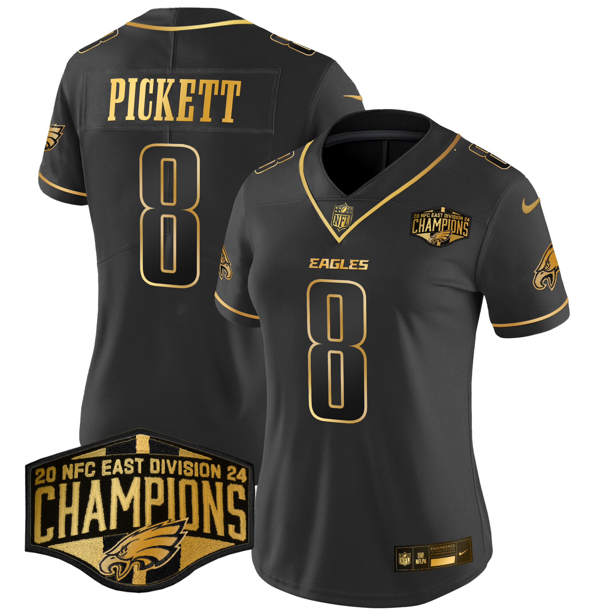 Kenny Pickett Women's Philadelphia Eagles 2024 NFC East Division Champions Gold Vapor Limited Black Gold Jersey - All Stitched