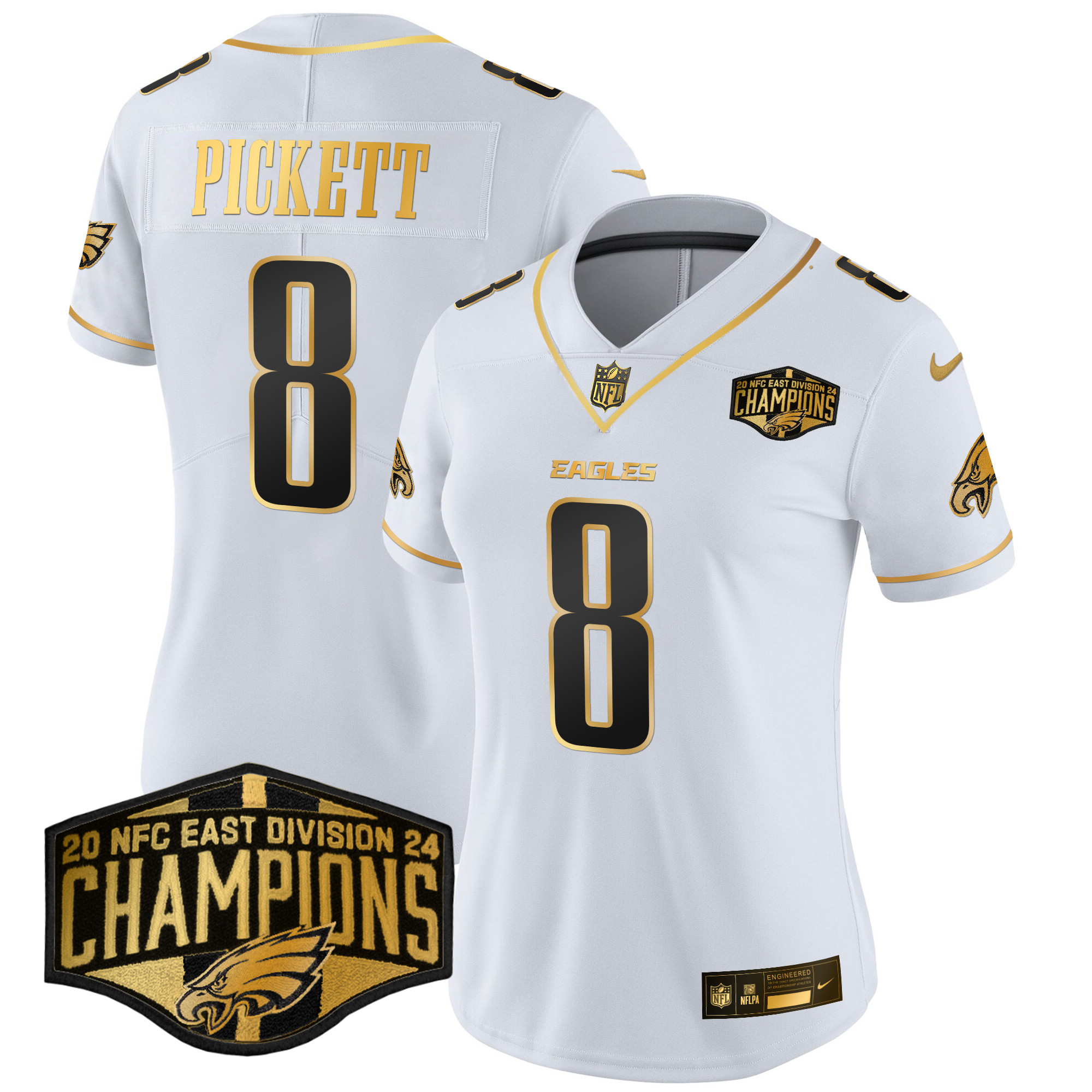 Kenny Pickett Women's Philadelphia Eagles 2024 NFC East Division Champions Gold Vapor Limited White Gold Jersey - All Stitched