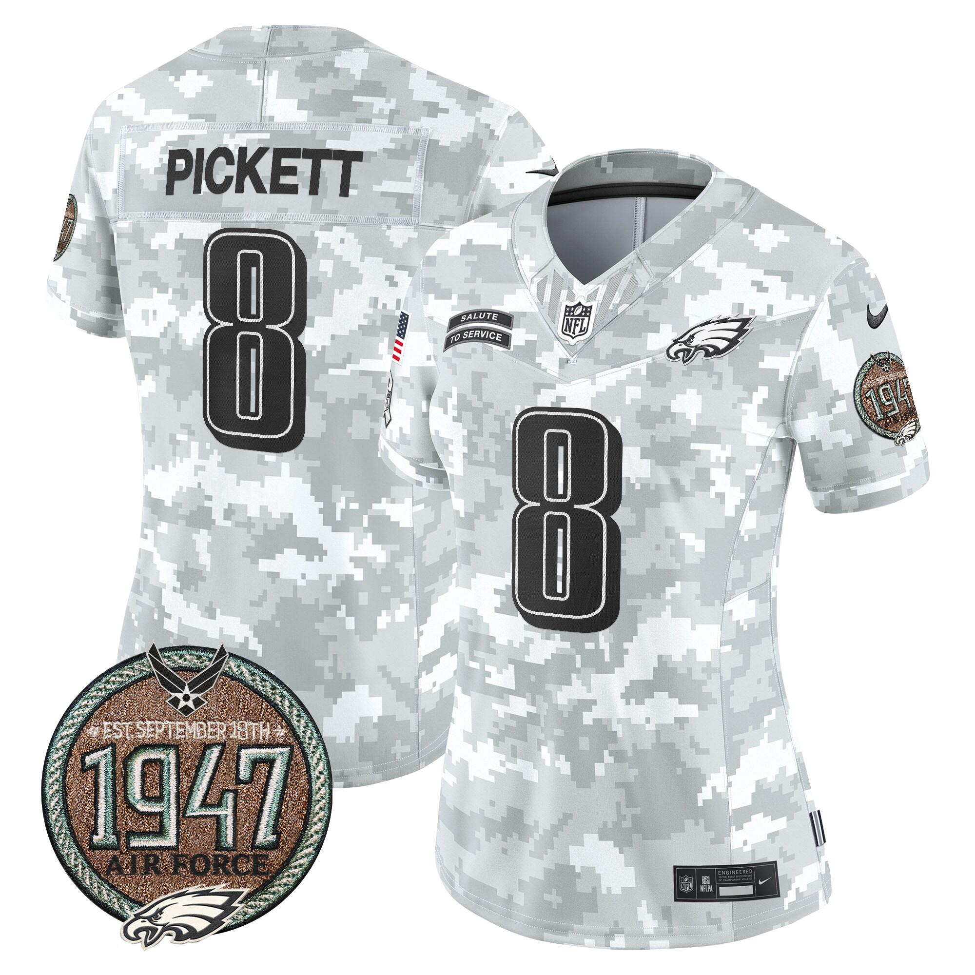 Kenny Pickett Women's Philadelphia Eagles 2024 Salute to Service Establishment Year Patch Vapor Limited Air Force Jersey - All Stitched