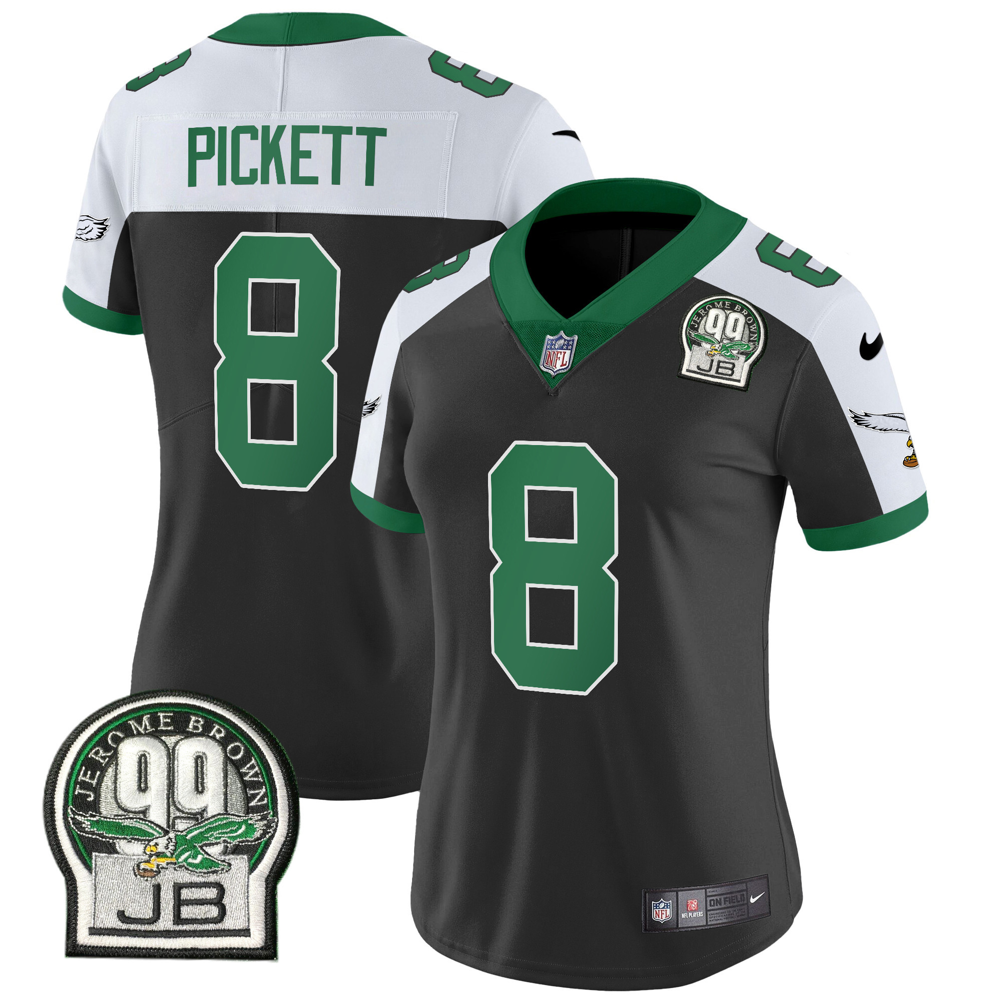 Kenny Pickett Women's Philadelphia Eagles Jerome Brown Patch Kelly Green Alternate Black Alternate Jersey - All Stitched