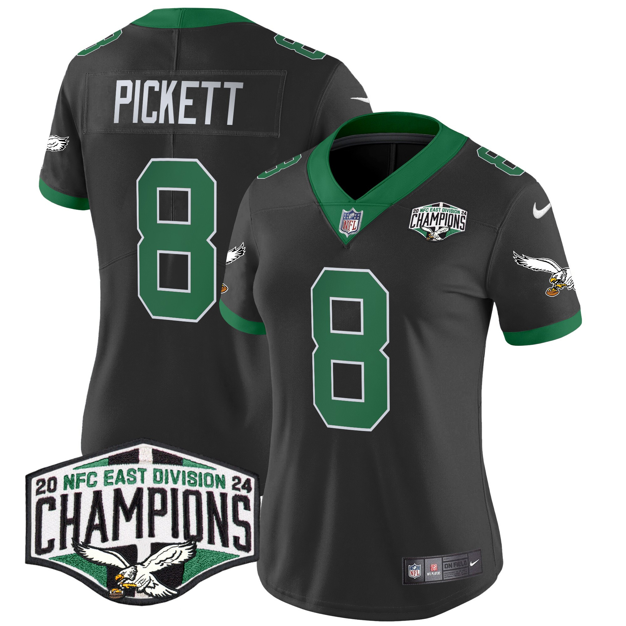 Kenny Pickett Women's Philadelphia Eagles Kelly Green 2024 NFC East Division Champions Vapor Limited Black Jersey - All Stitched