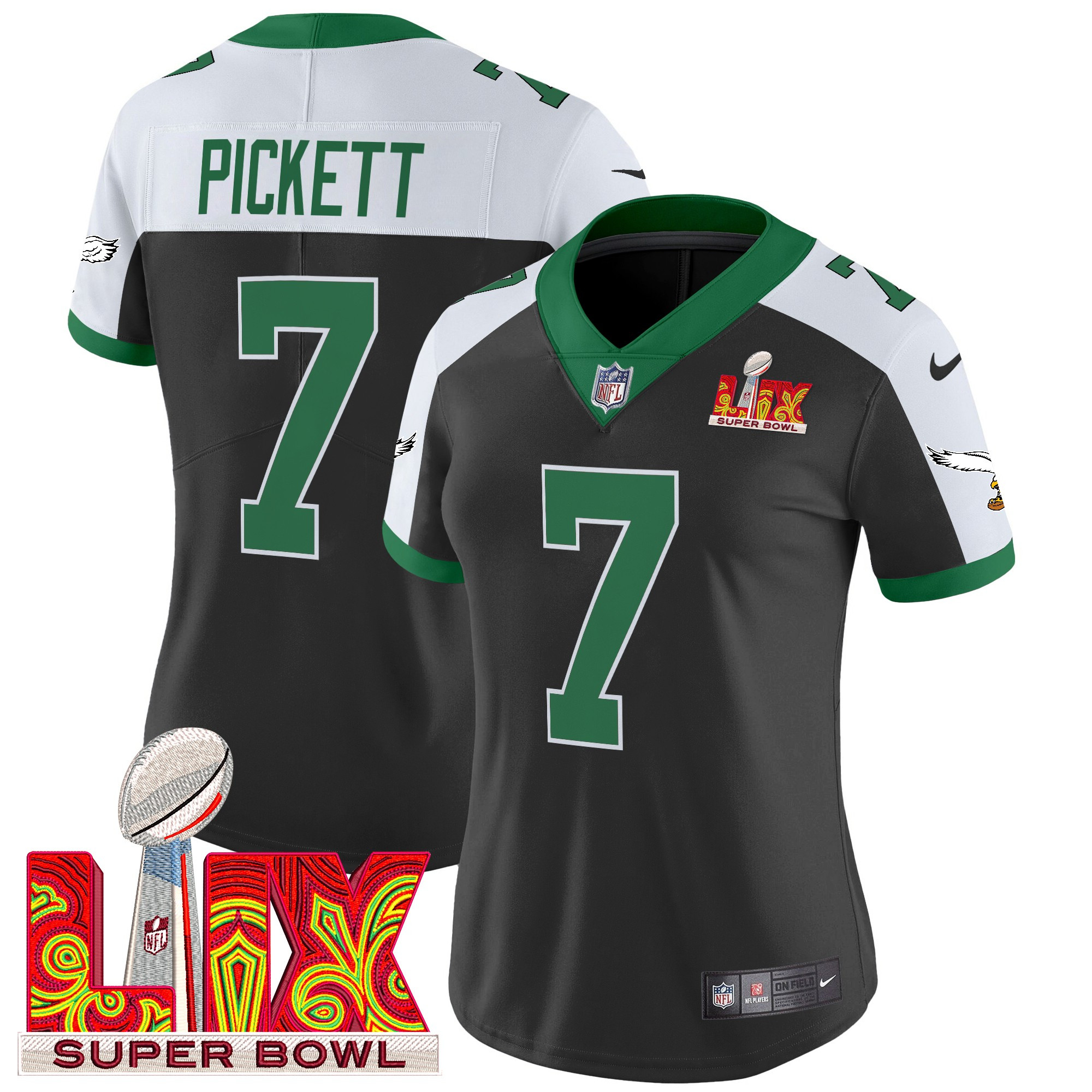 Kenny Pickett Women's Philadelphia Eagles Kelly Green Super Bowl LIX Patch Vapor Limited Black Alternate Jersey - All Stitched