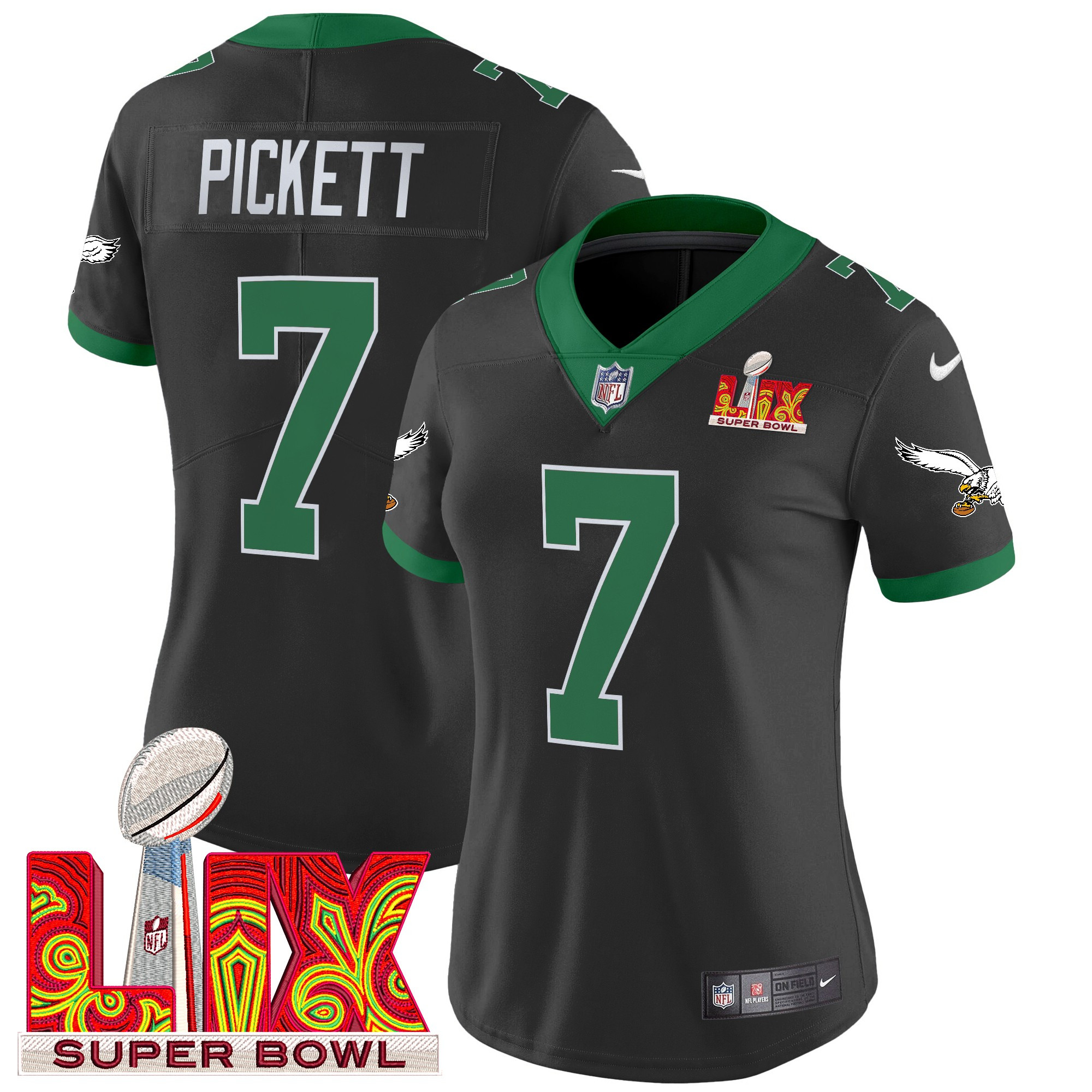 Kenny Pickett Women's Philadelphia Eagles Kelly Green Super Bowl LIX Patch Vapor Limited Black Jersey - All Stitched