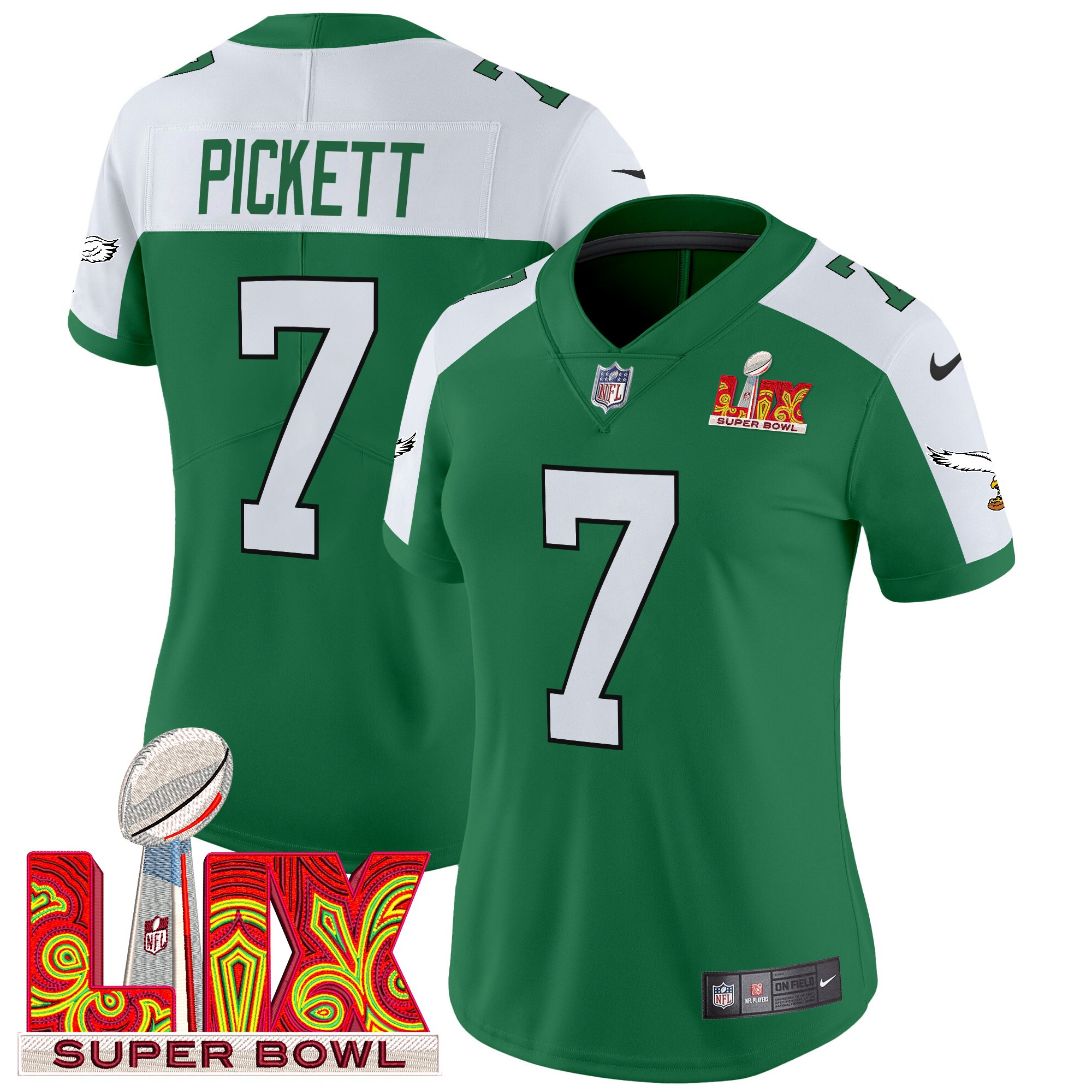 Kenny Pickett Women's Philadelphia Eagles Kelly Green Super Bowl LIX Patch Vapor Limited Kelly Alternate Jersey - All Stitched