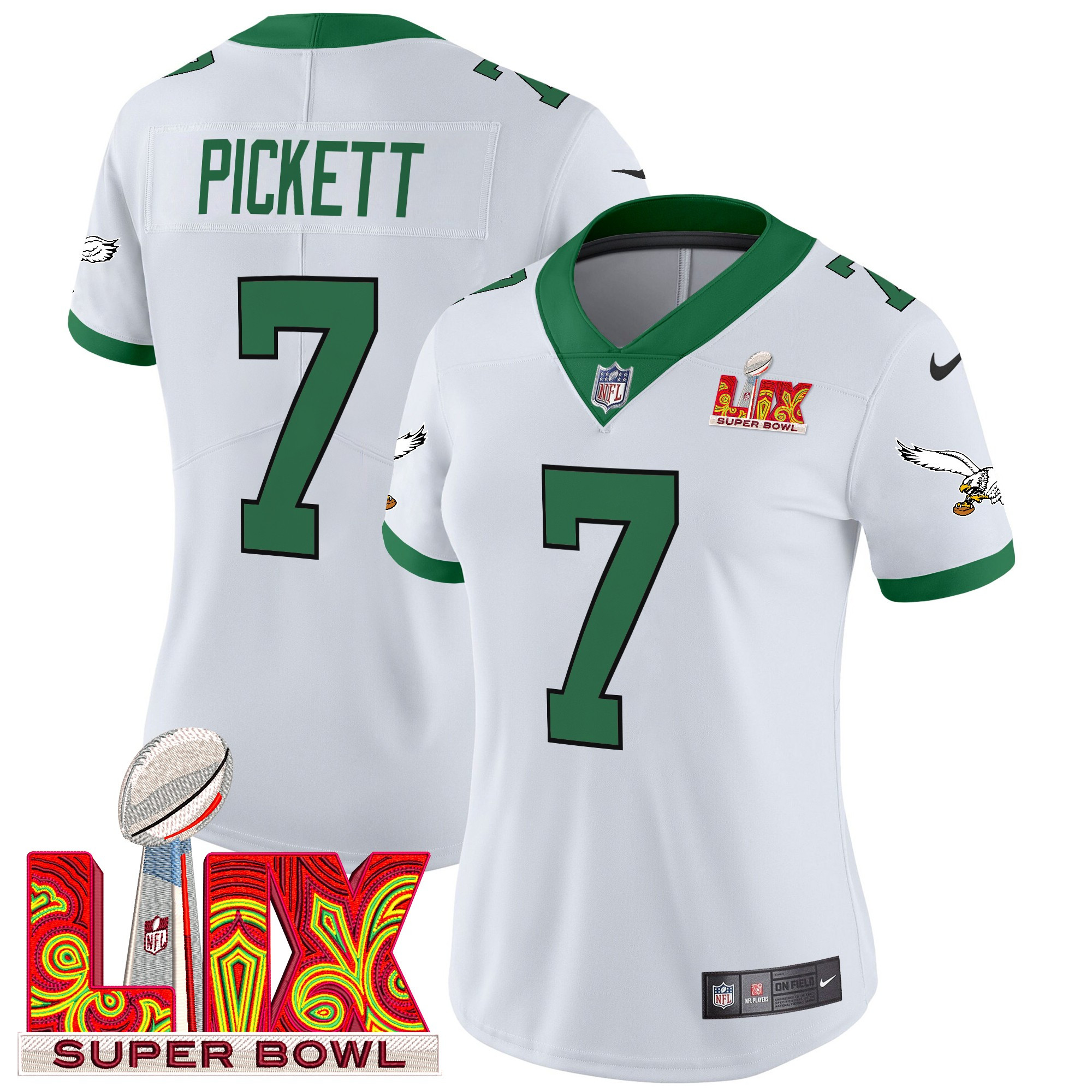 Kenny Pickett Women's Philadelphia Eagles Kelly Green Super Bowl LIX Patch Vapor Limited Kelly White Jersey - All Stitched